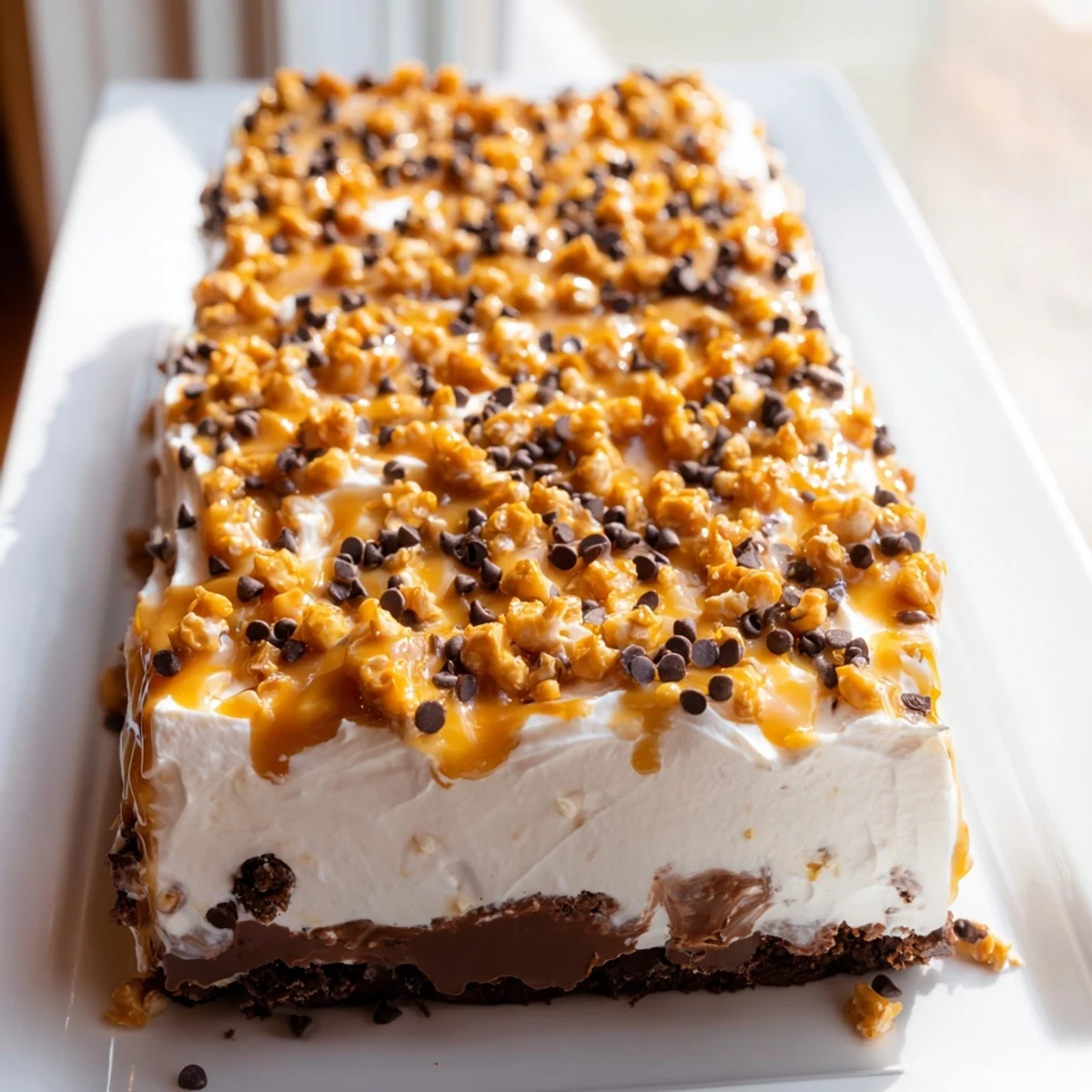 Decadent, layered Better Than Sex Cake topped with creamy whipped topping and toffee crunch.