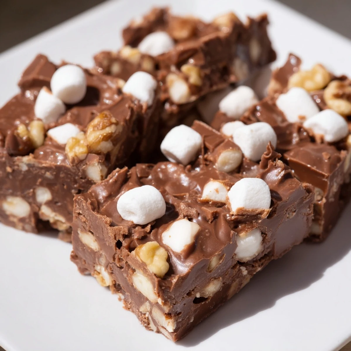 A close-up of decadent Rocky Road Fudge squares, showing gooey marshmallows and chocolate richness.