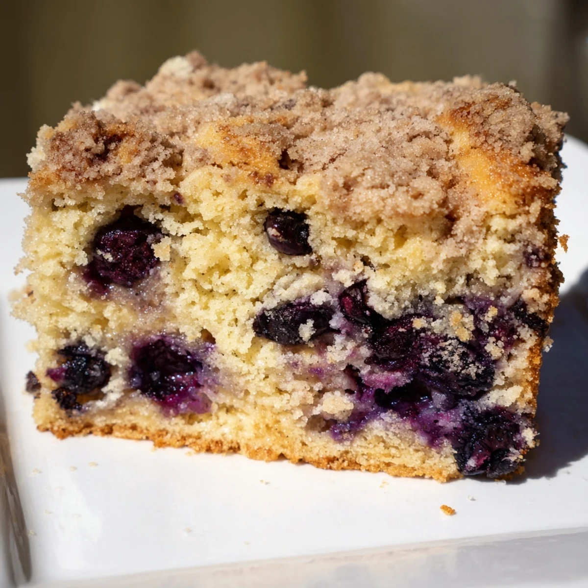 Golden-brown Blueberry Buckle, a sweet coffee cake with a buttery crumble topping and juicy berries.