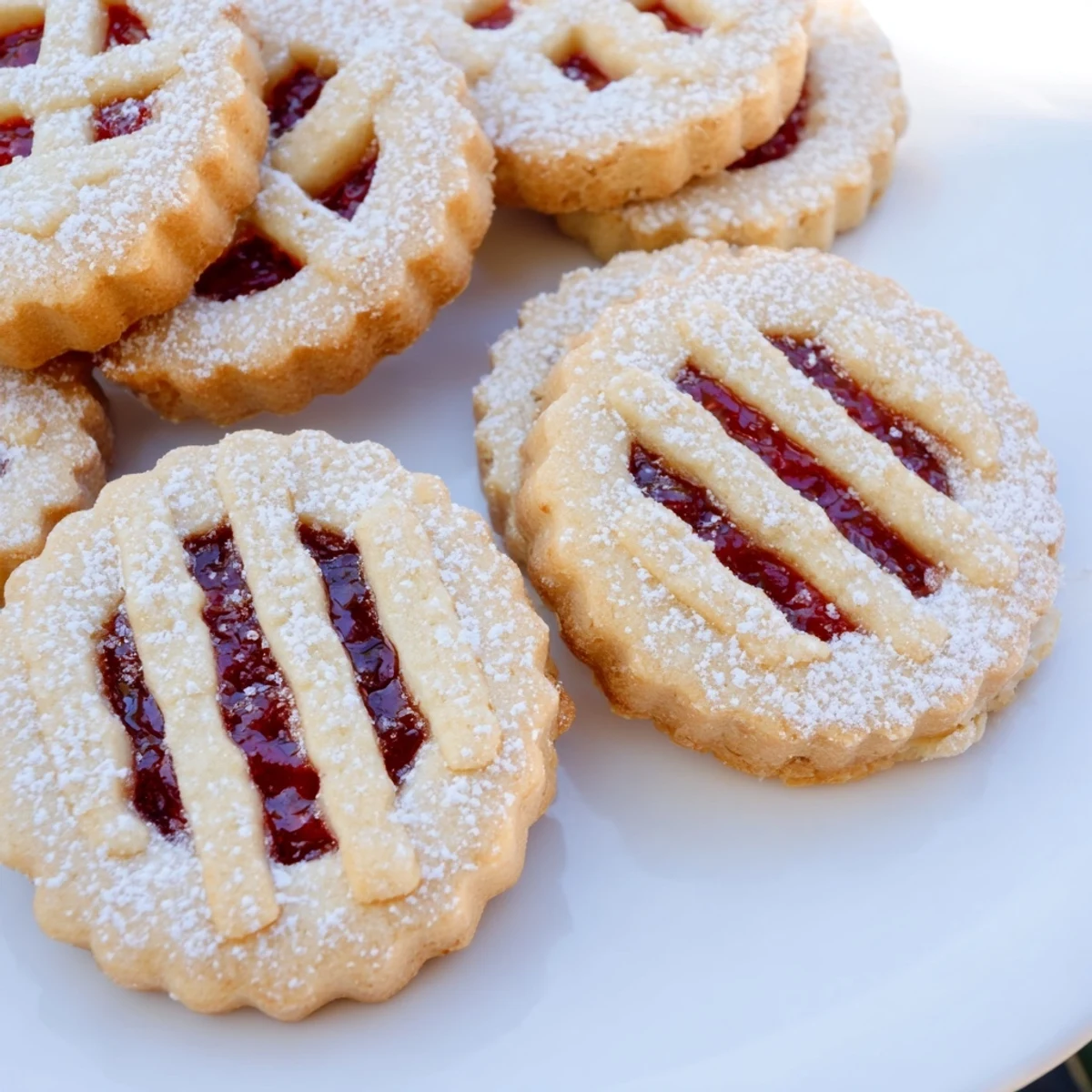 Golden Linzer Cookies, filled with vibrant red raspberry jam, ready for a sweet bite.