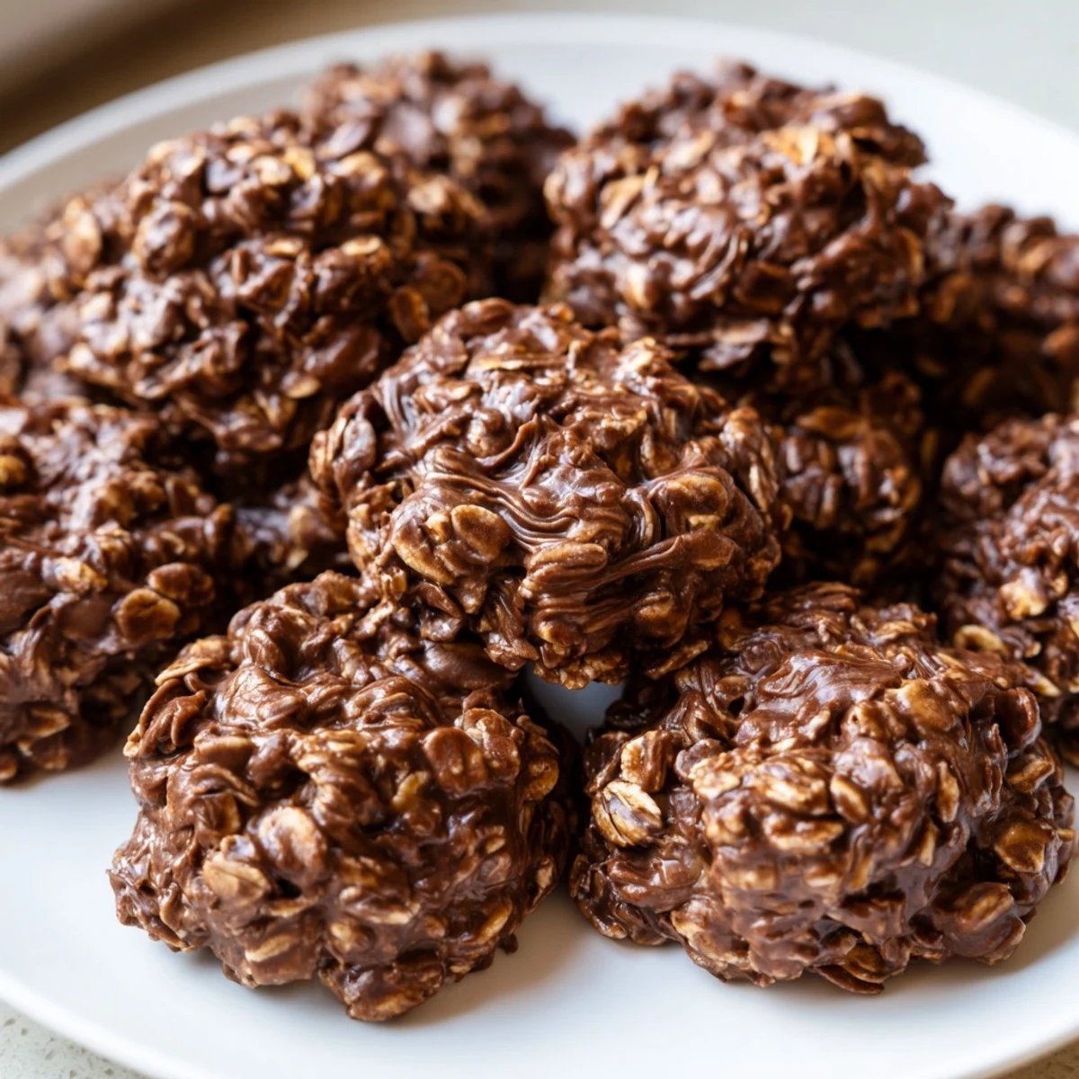 Warm, no-bake chocolate oatmeal drop cookies, rich with peanut butter, ready to enjoy after cooling.