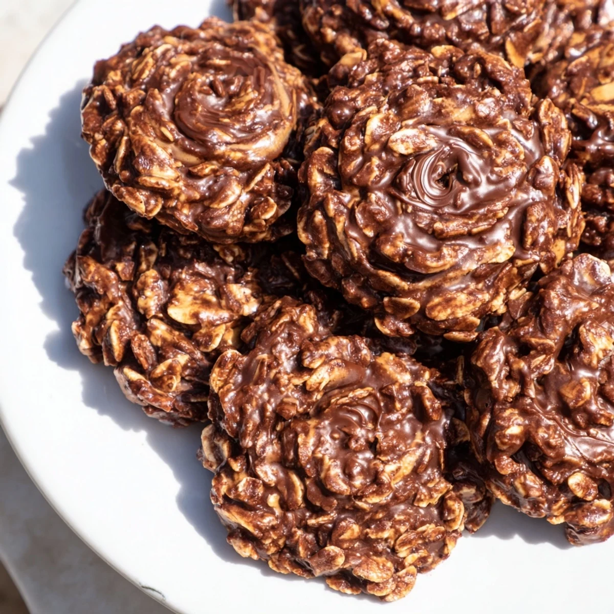 Gooey, freshly set no-bake chocolate oatmeal drop cookies offer a perfect blend of chocolate and oat flavor.