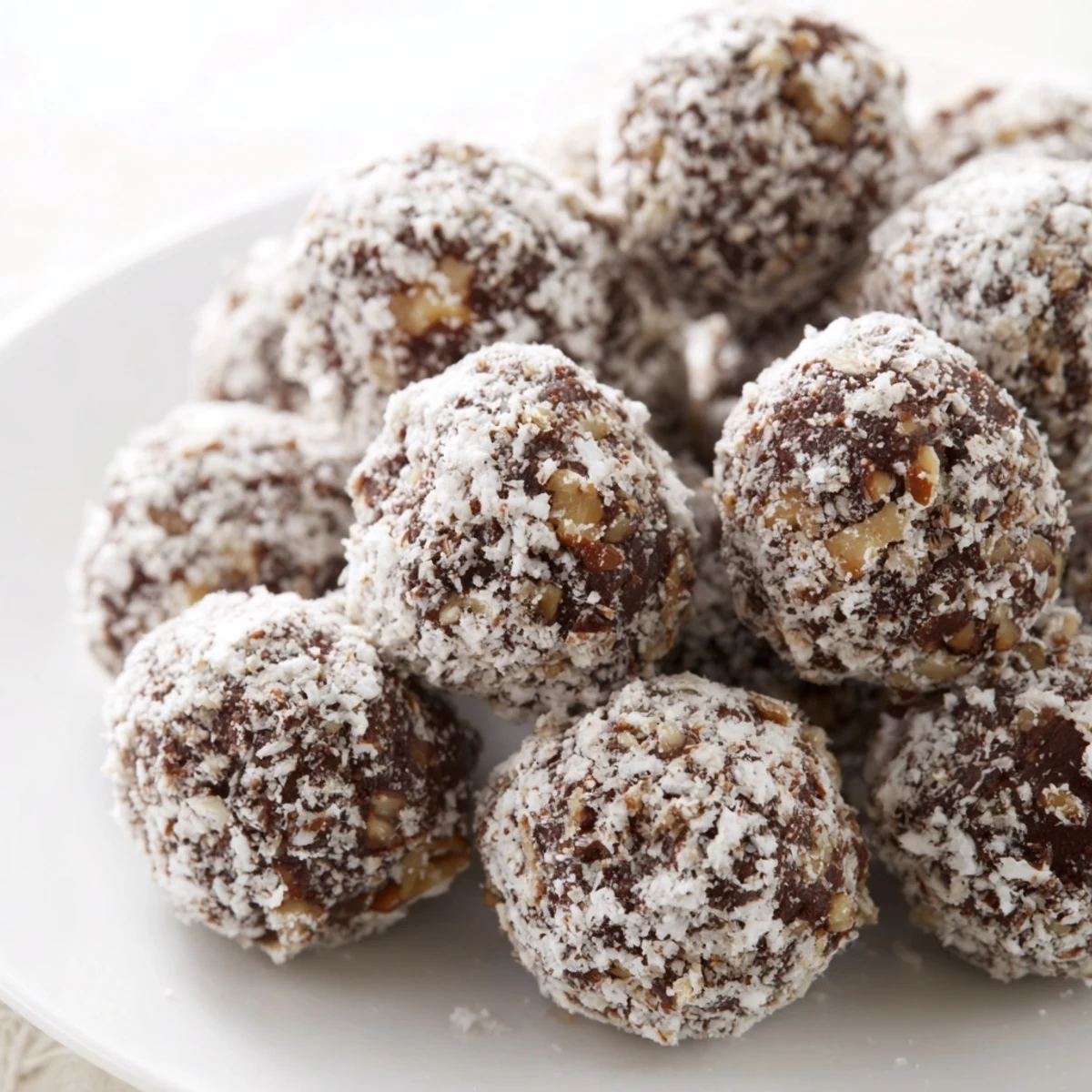 Close-up of decadent Mud Balls, rolled in powdered sugar, ready for a delicious, no-bake treat.