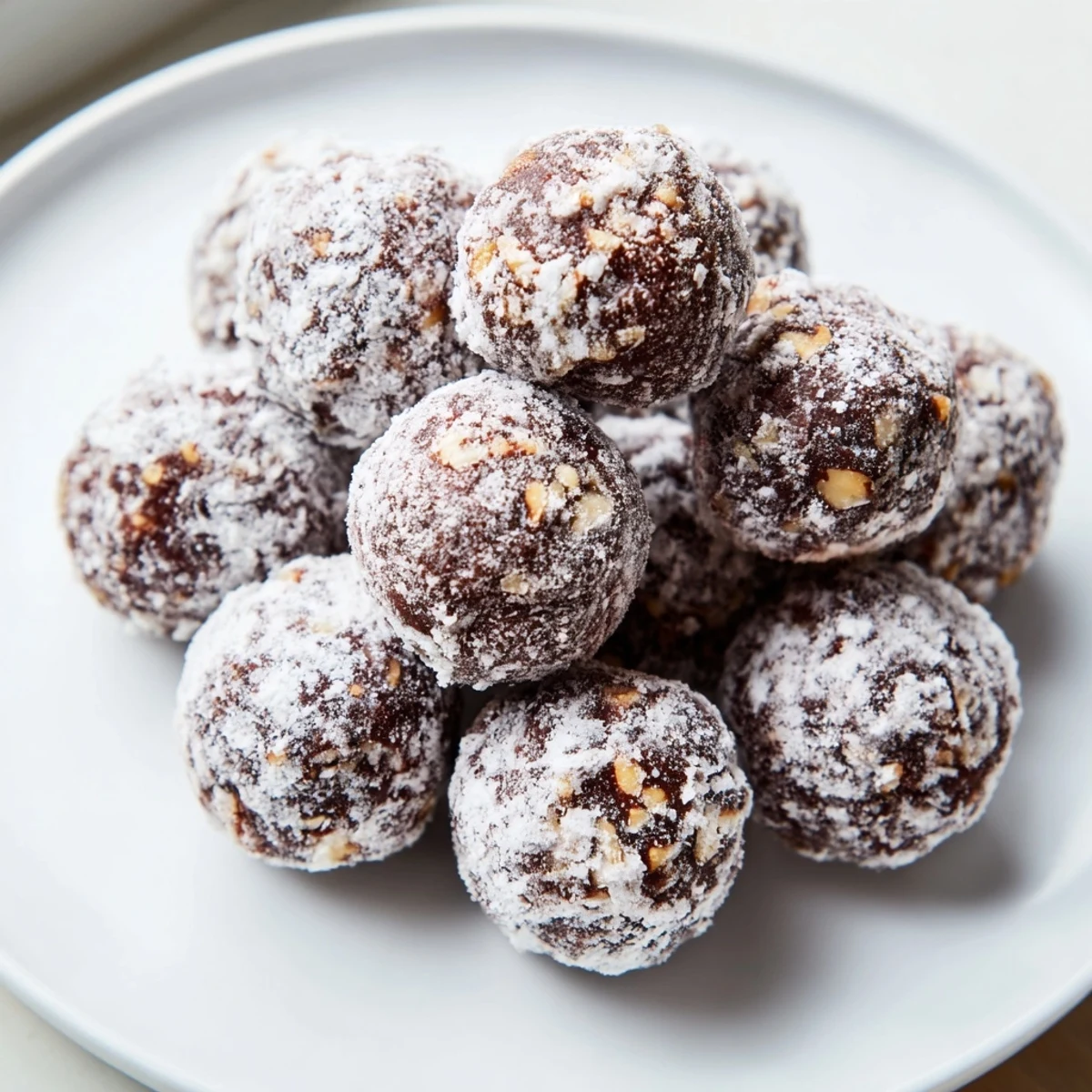 Perfectly round, chocolatey Mud Balls coated in a generous layer of white powdered sugar, ready to eat.