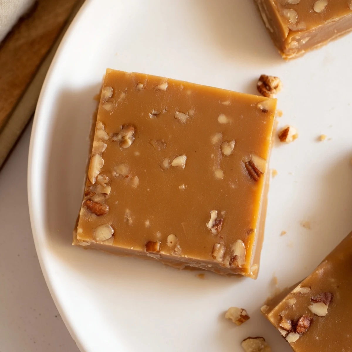 A close-up of creamy, smooth Penuche Fudge, ready to be sliced, offering a delicious caramel aroma.
