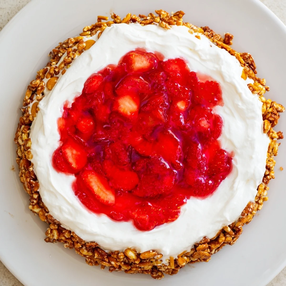 Fresh strawberries top a beautiful Strawberry Pretzel Salad, a classic layered dessert.