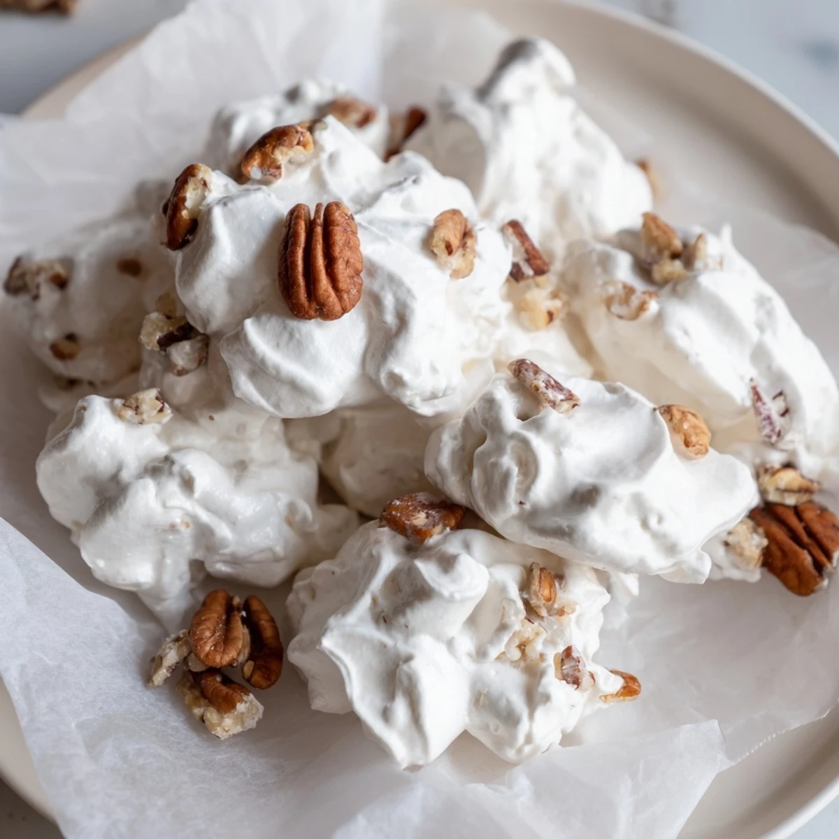 Fluffy white divinity candy studded with pecans, perfect for a festive holiday treat.