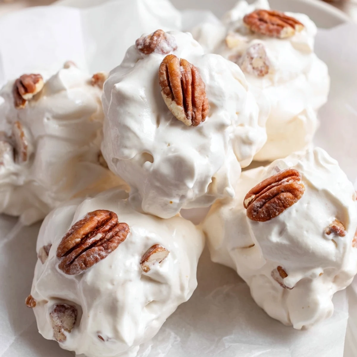 A close-up of a batch of homemade divinity, showing the sweet, pillowy texture and nuts.