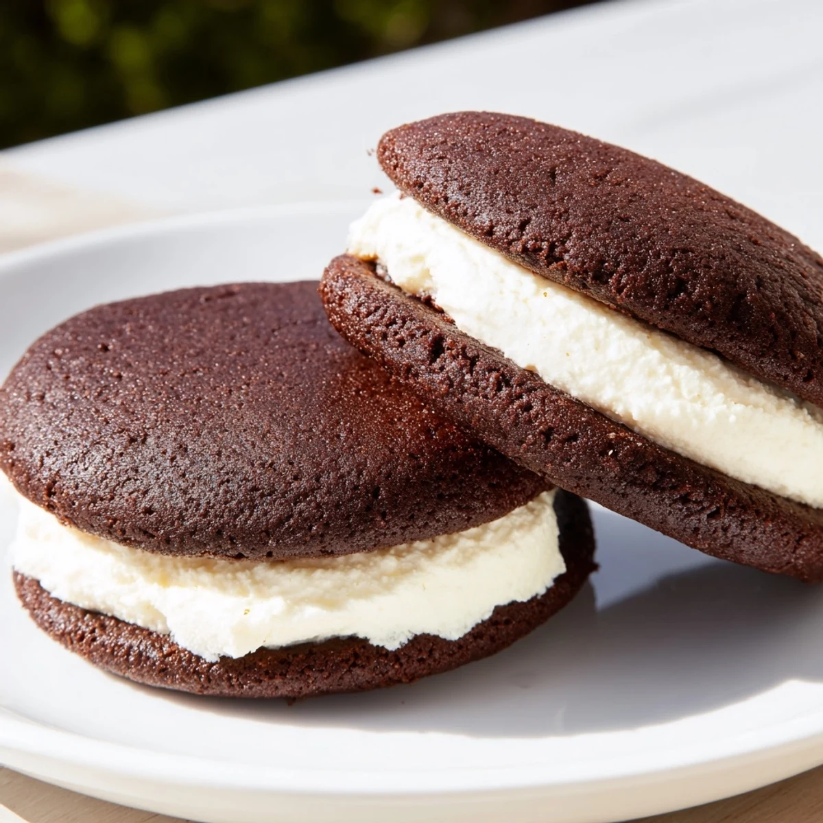 Warm, chocolate Whoopie Pies with creamy vanilla filling, awaiting a delicious first bite.