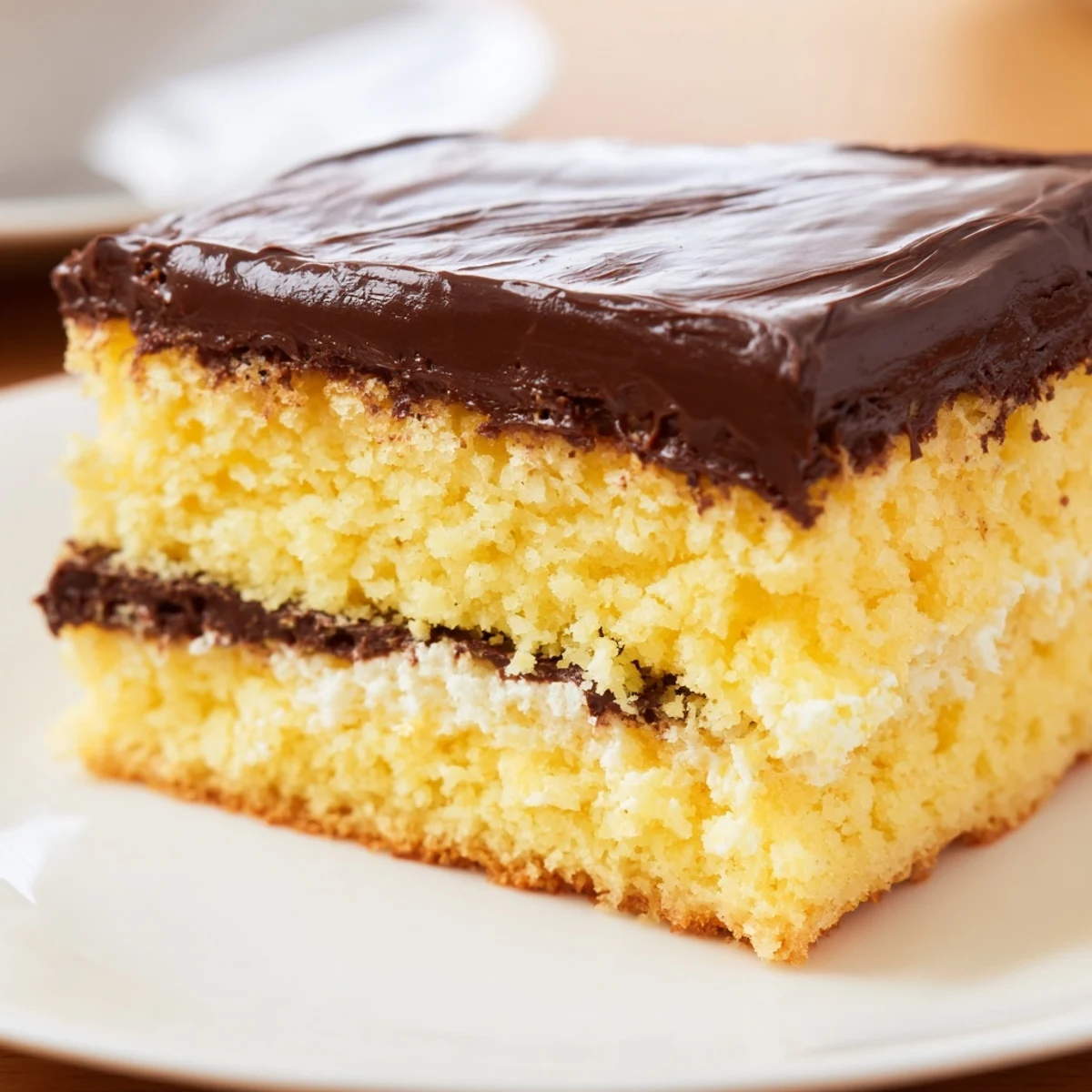 A thick slice of homemade Ho Ho Cake with rich chocolate ganache, ready to serve and enjoy.