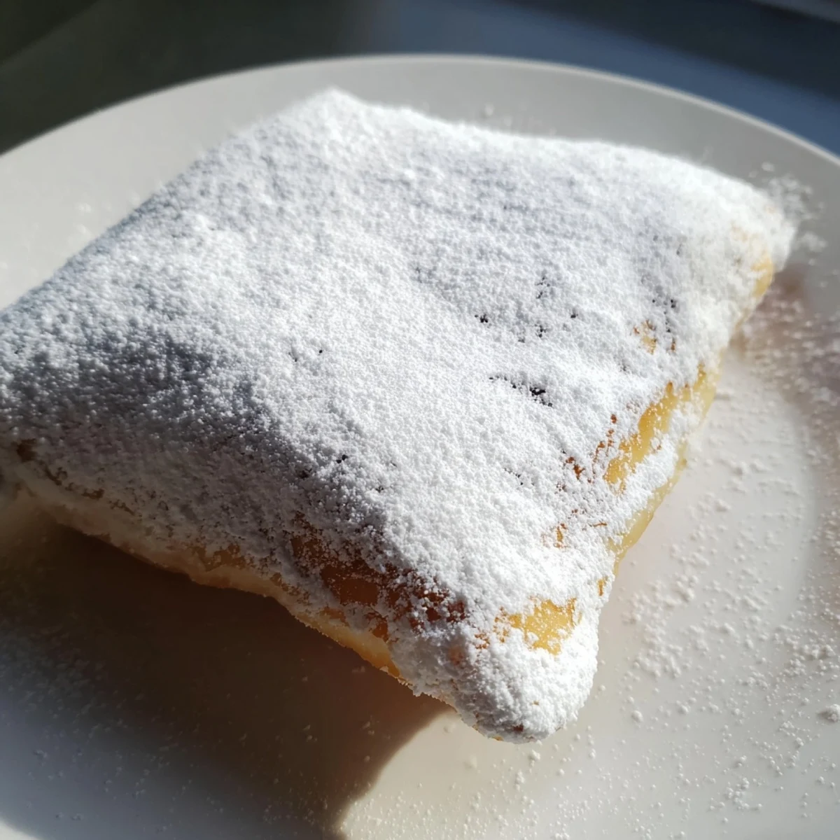 Golden-brown beignets, lightly crisp outside with fluffy interiors, freshly dusted with sweet powdered sugar.