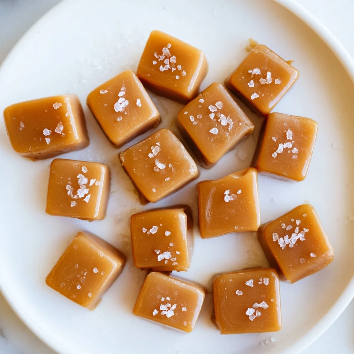 Golden brown sea salt caramels sprinkled with flaky salt, ready to satisfy any sweet craving.
