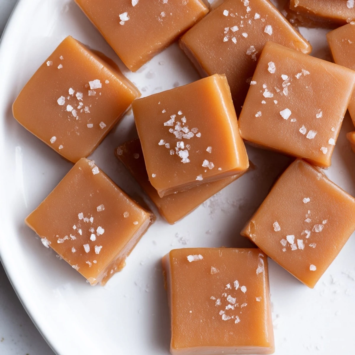 Homemade sea salt caramels are beautifully arranged, a sweet treat with golden, glistening surfaces.