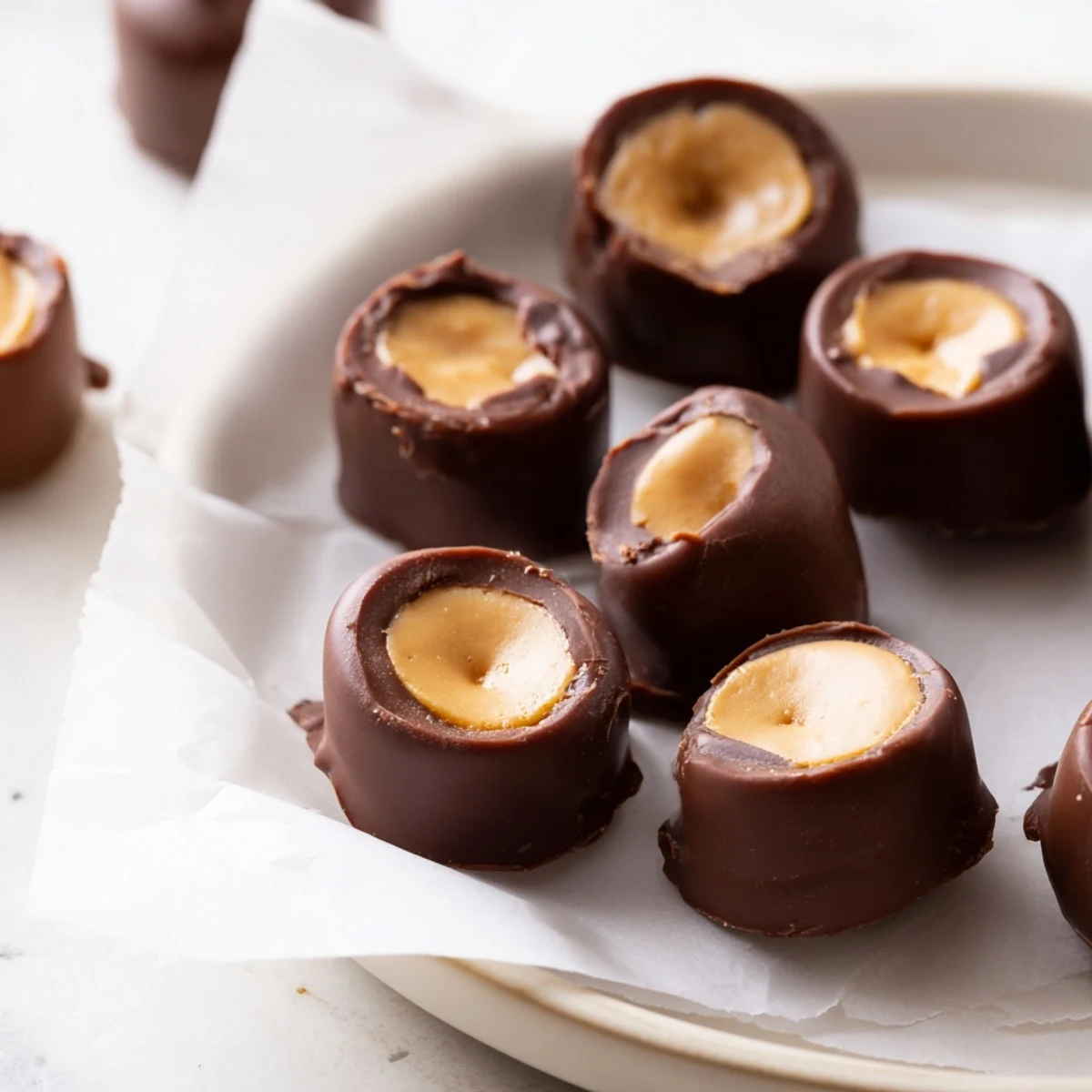 Close-up of freshly made buckeyes, showcasing the peanut butter center dipped in rich, dark chocolate.