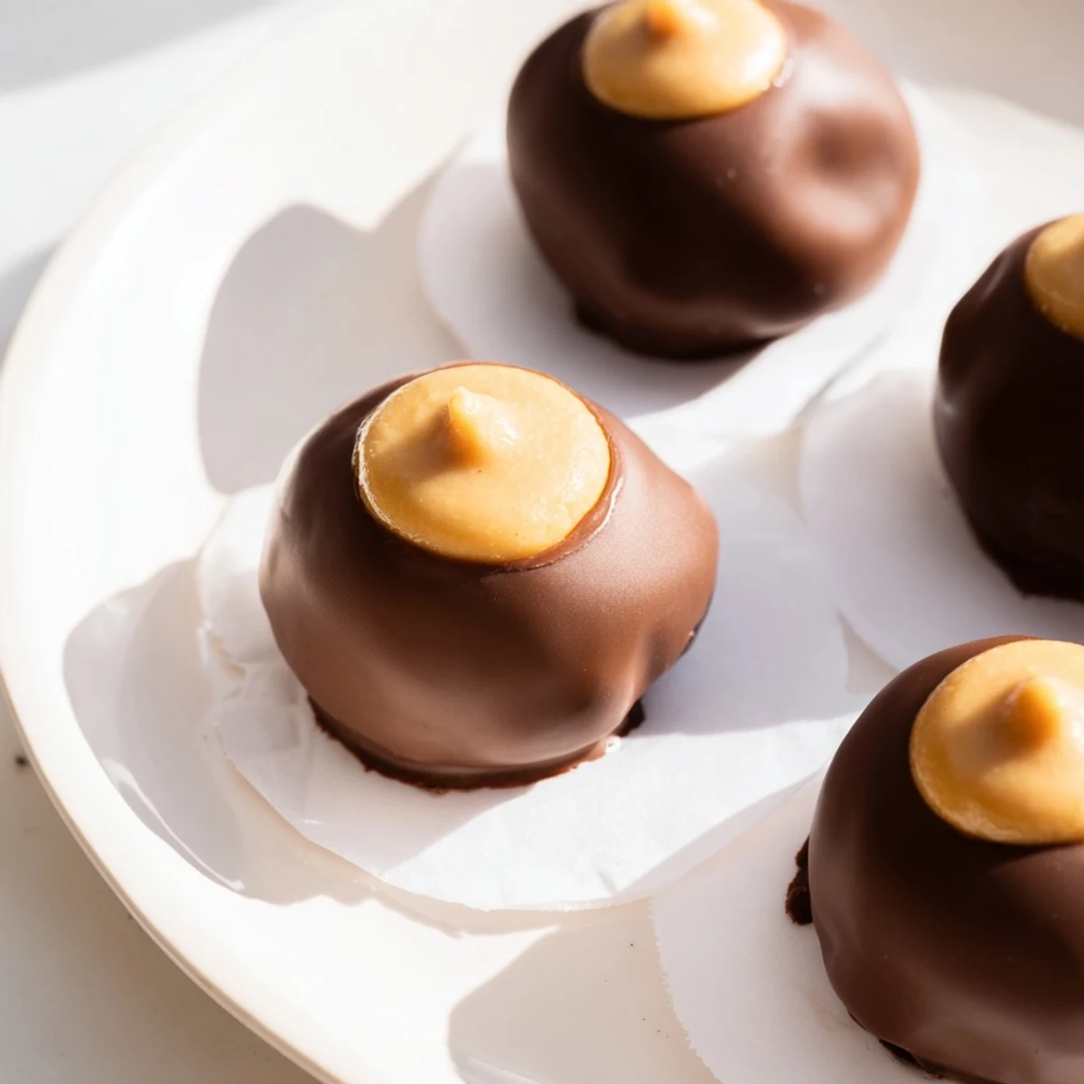 Small, bite-sized buckeyes arranged beautifully, a classic no-bake dessert bursting with peanut butter flavor.