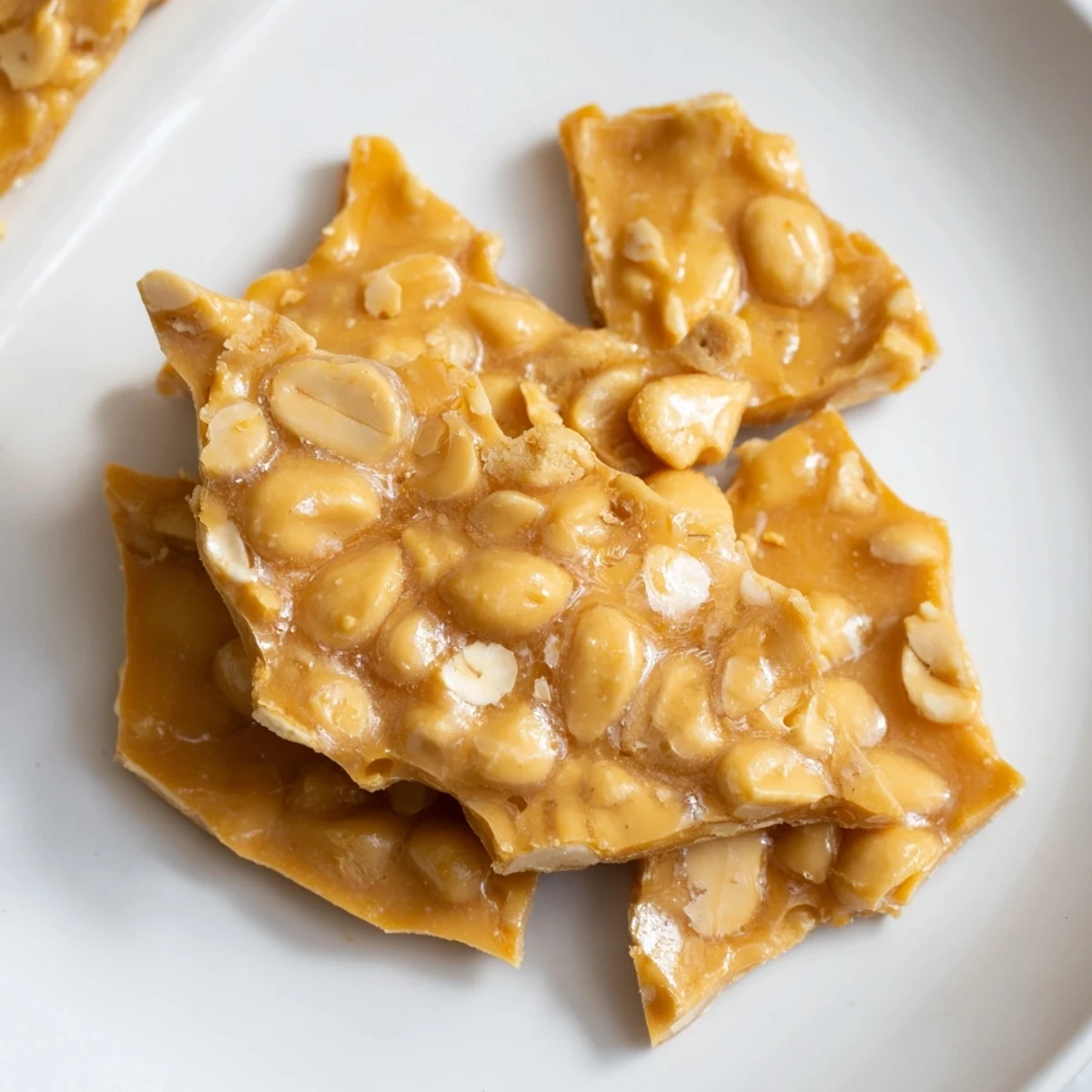 Golden, crackly peanut brittle with visible roasted peanuts embedded within the toffee.