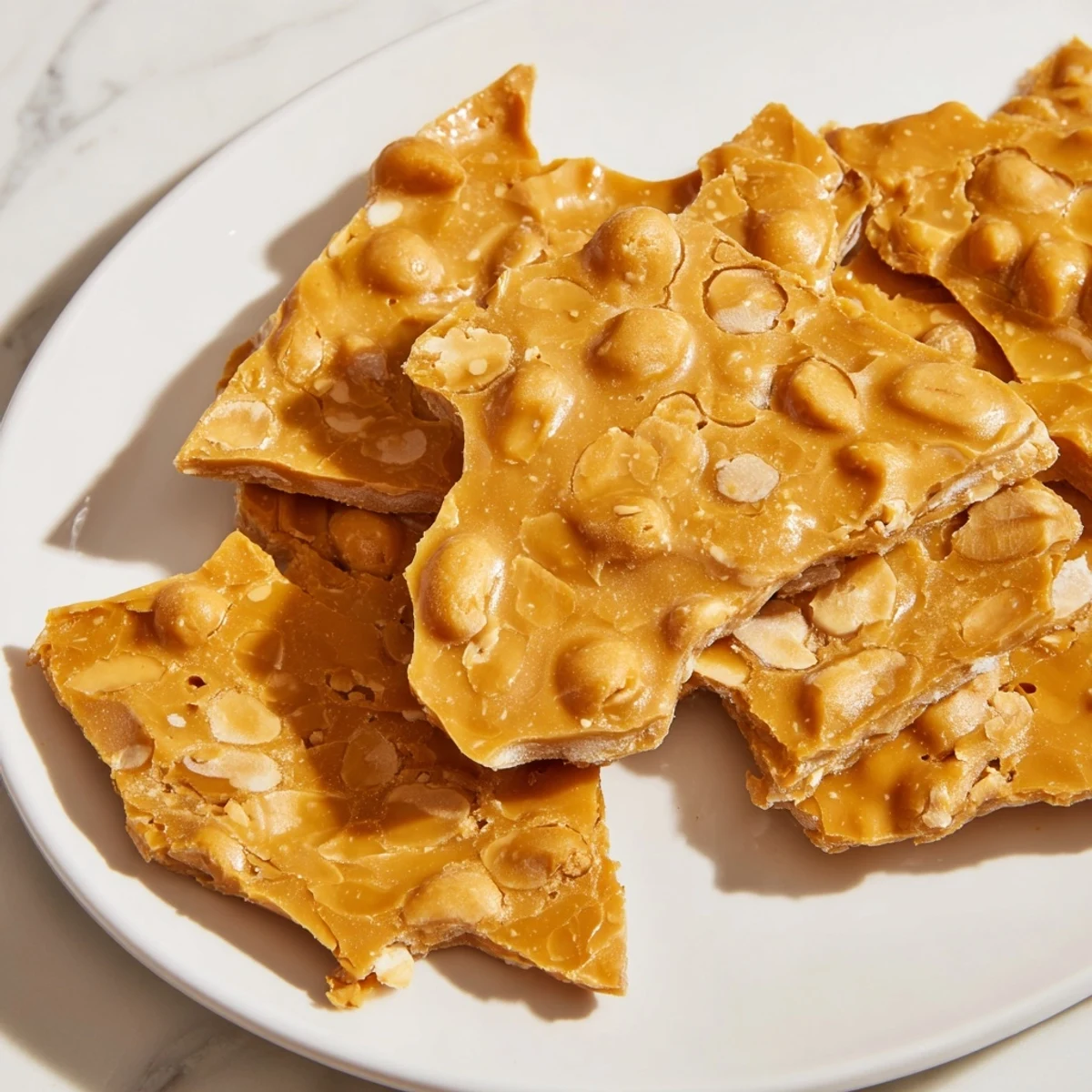 Close-up shot shows the perfect texture of finished peanut brittle candy, ready to break and enjoy.
