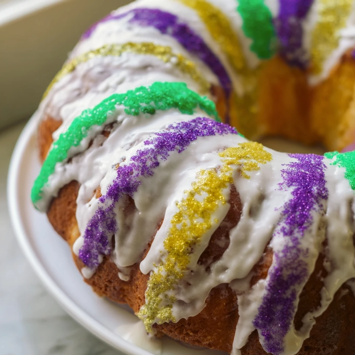 Close-up of a delicious King Cake, the sweet bread ring perfectly baked for serving.