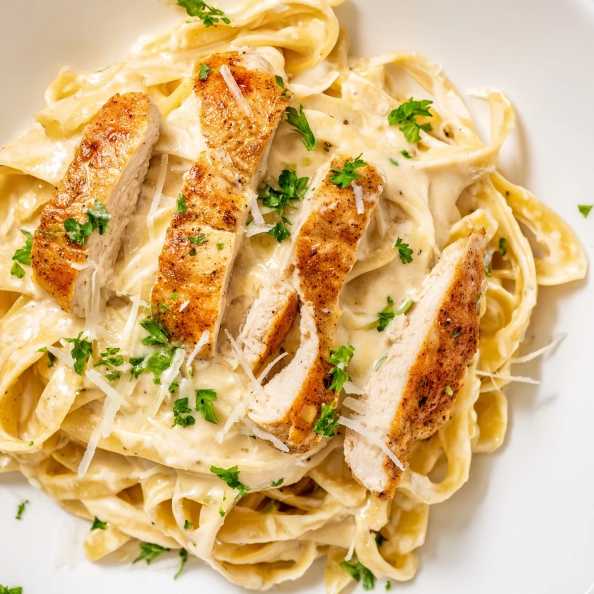 In a rustic kitchen setting, this Cajun Chicken Alfredo showcases tender, spice-rubbed chicken nestled in silky Alfredo sauce clinging to every pasta strand.