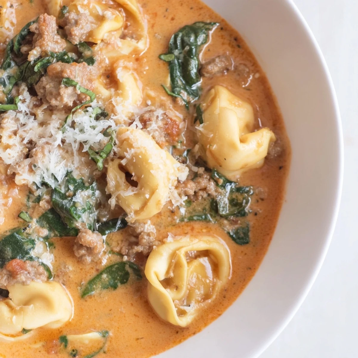 Tuscan Tortellini Soup ladled into a rustic bowl, featuring cheese tortellini and fresh basil garnish for a cozy meal.  