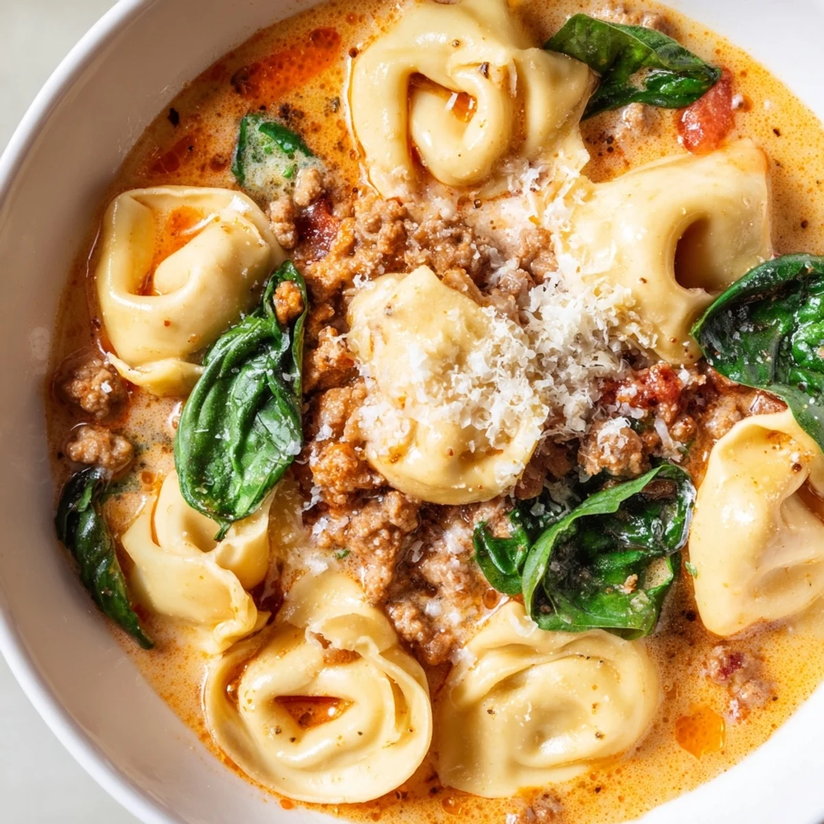 A bowl of Tuscan Tortellini Soup with creamy tomato broth, spinach, and sausage, served with crusty bread.  