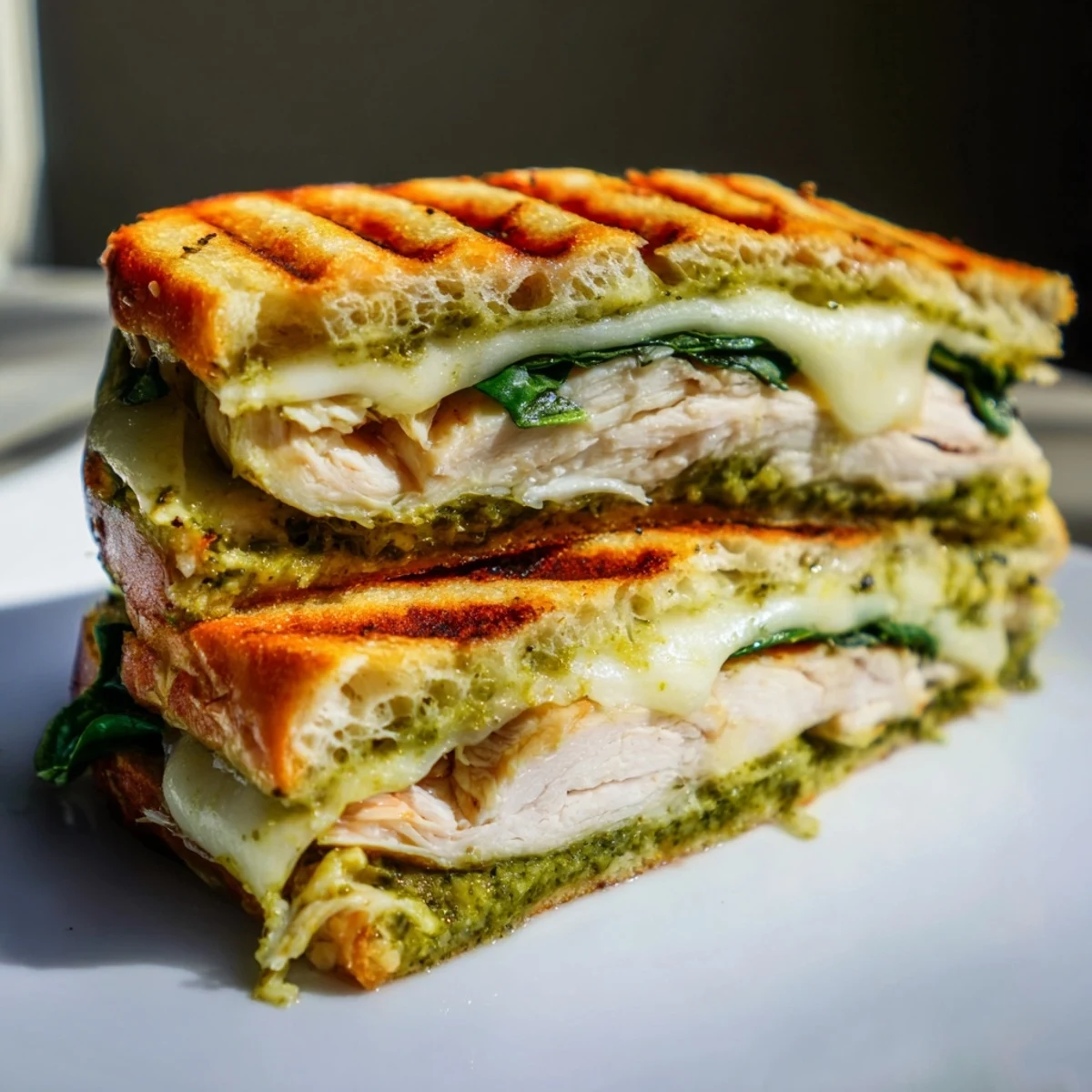 A vibrant open-faced Chicken Pesto Panini stacked with juicy grilled chicken and fresh tomato slices.