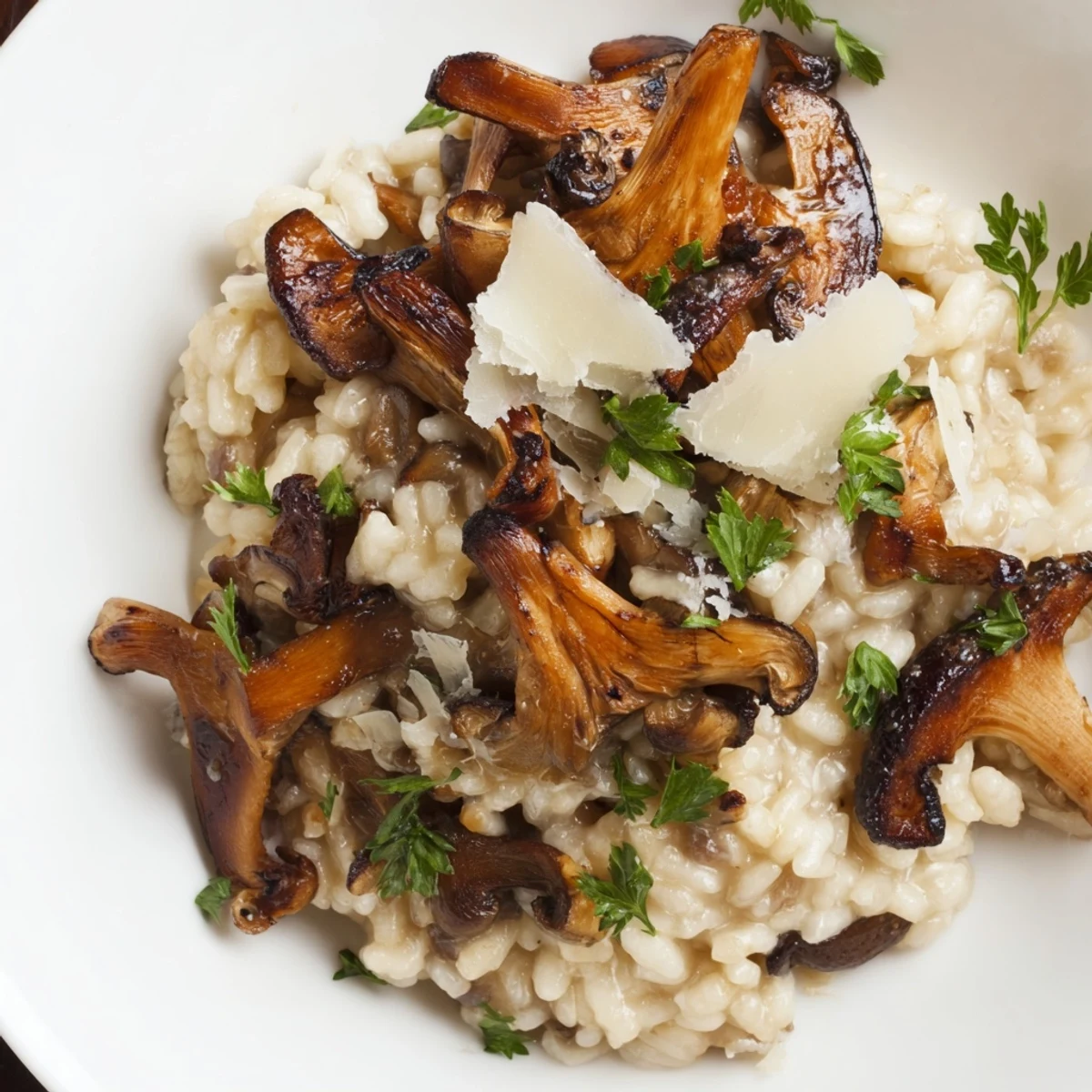 A close-up of creamy roasted mushroom risotto in a white bowl, garnished with fresh parsley and grated Parmesan.