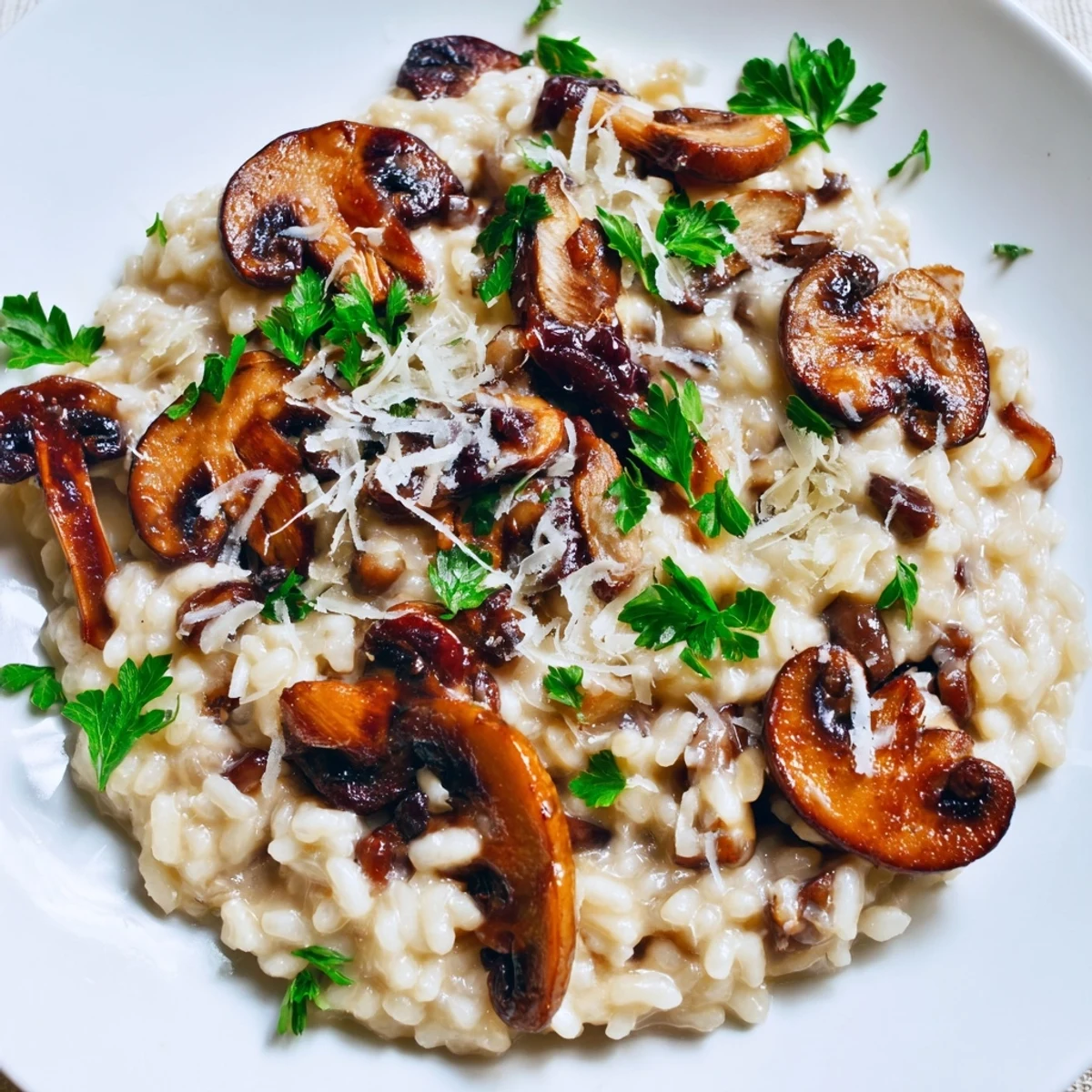 A spoon dips into a comforting bowl of roasted mushroom risotto, topped with thyme and freshly grated Parmesan.