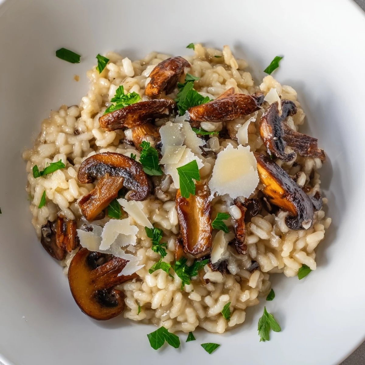 Golden roasted mushrooms and creamy Arborio rice in a bowl of savory vegetarian risotto, ready to serve.