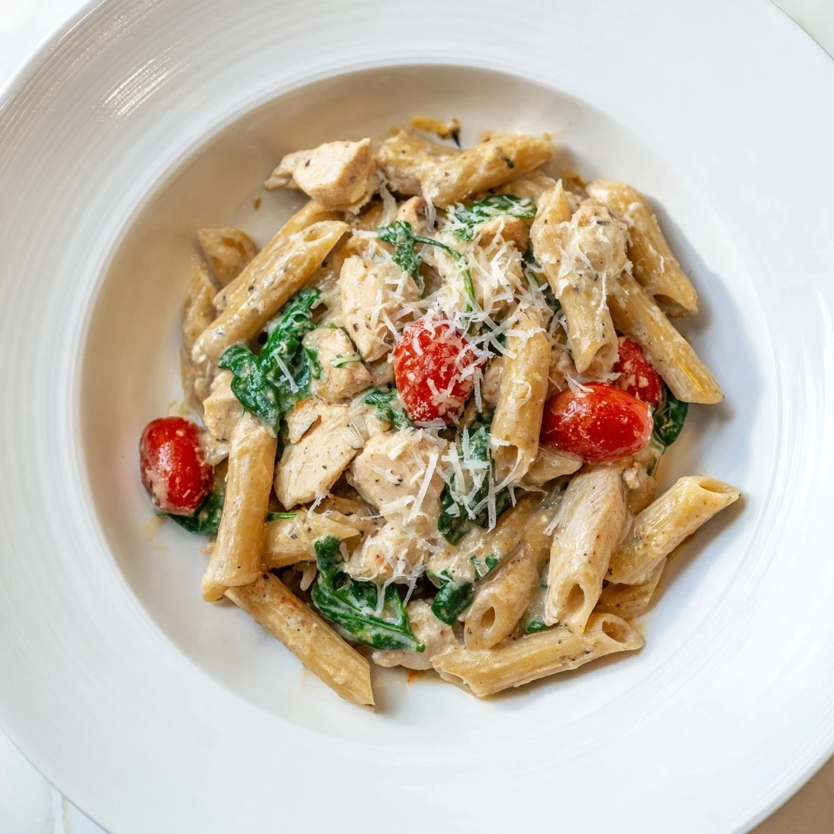 A close-up of Greek Yogurt Chicken Pasta in a white bowl, showing tender chicken pieces and creamy sauce coating whole wheat penne.