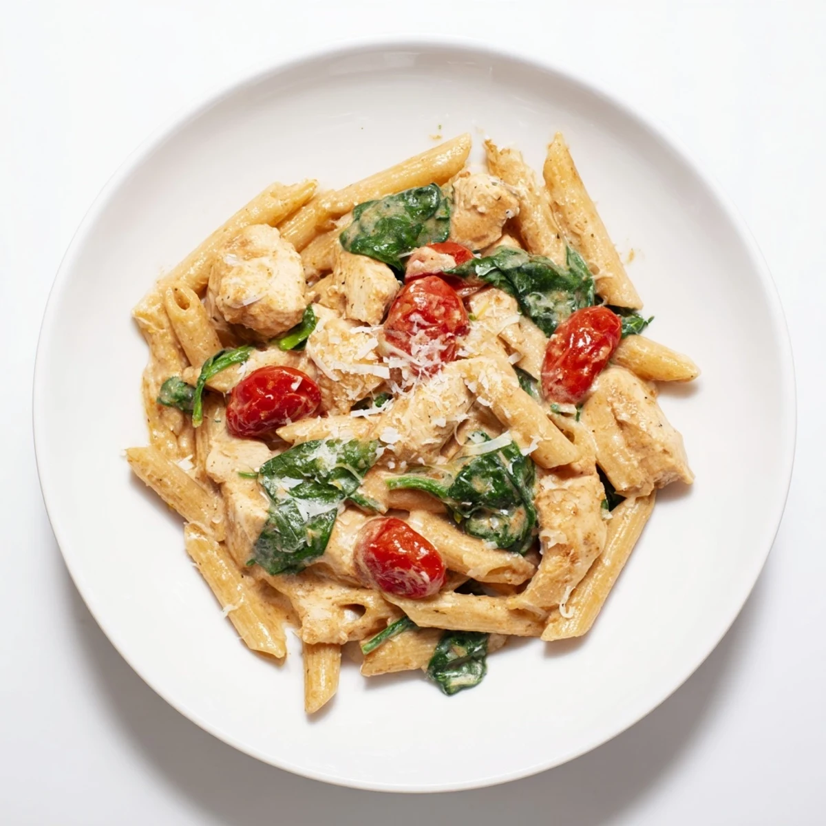 Steaming Greek Yogurt Chicken Pasta served in a rustic skillet, with wilted spinach, halved cherry tomatoes, and a sprinkle of Parmesan.