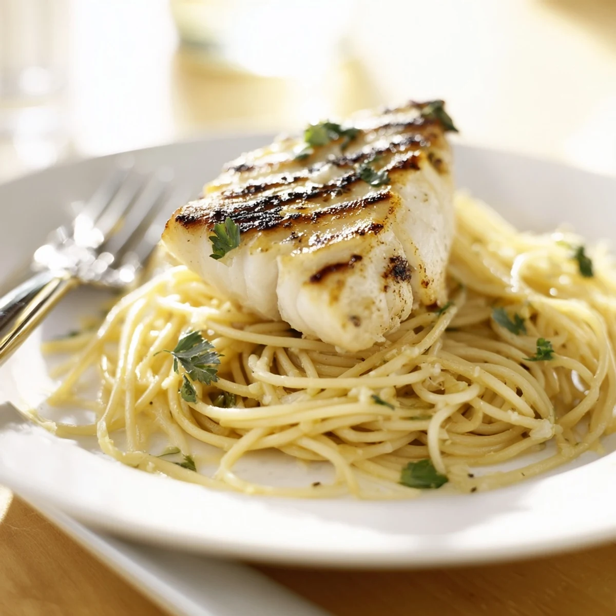 Close-up of Lemon Bass Pasta featuring grilled white fish on zesty lemon-butter spaghetti, garnished with fresh parsley and lemon wedges.