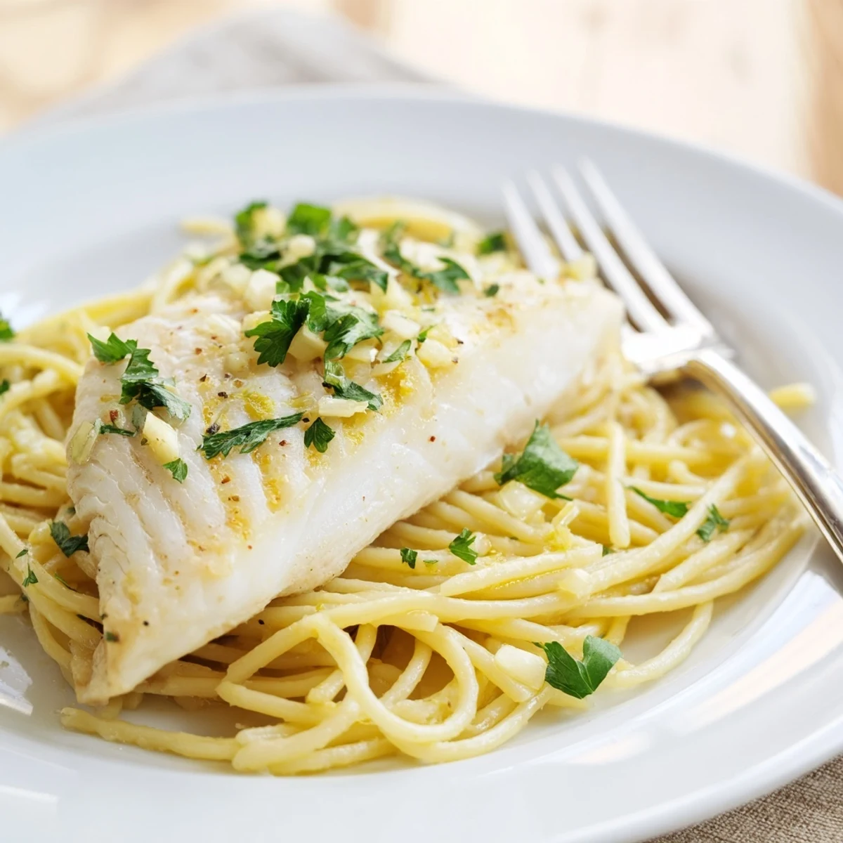 Freshly prepared Lemon Bass Pasta serving for four, showcasing al dente spaghetti tossed in garlic-lemon sauce topped with flaky grilled fish.
