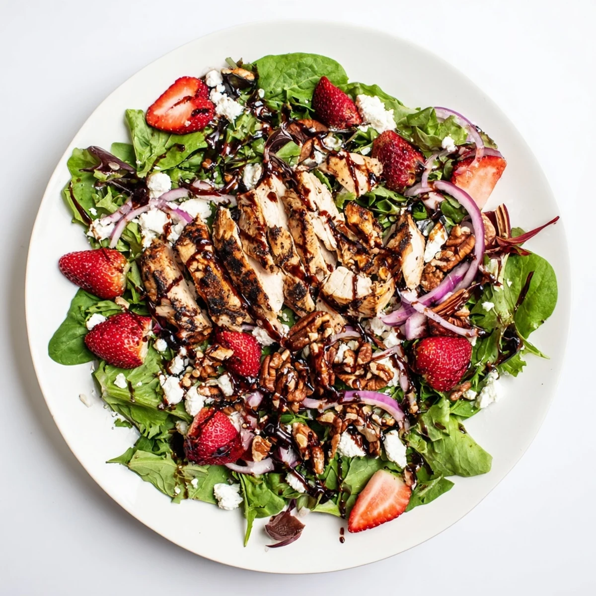 This easy gluten-free dinner salad features golden grilled chicken, sweet berries, and toasty nuts with balsamic shine.