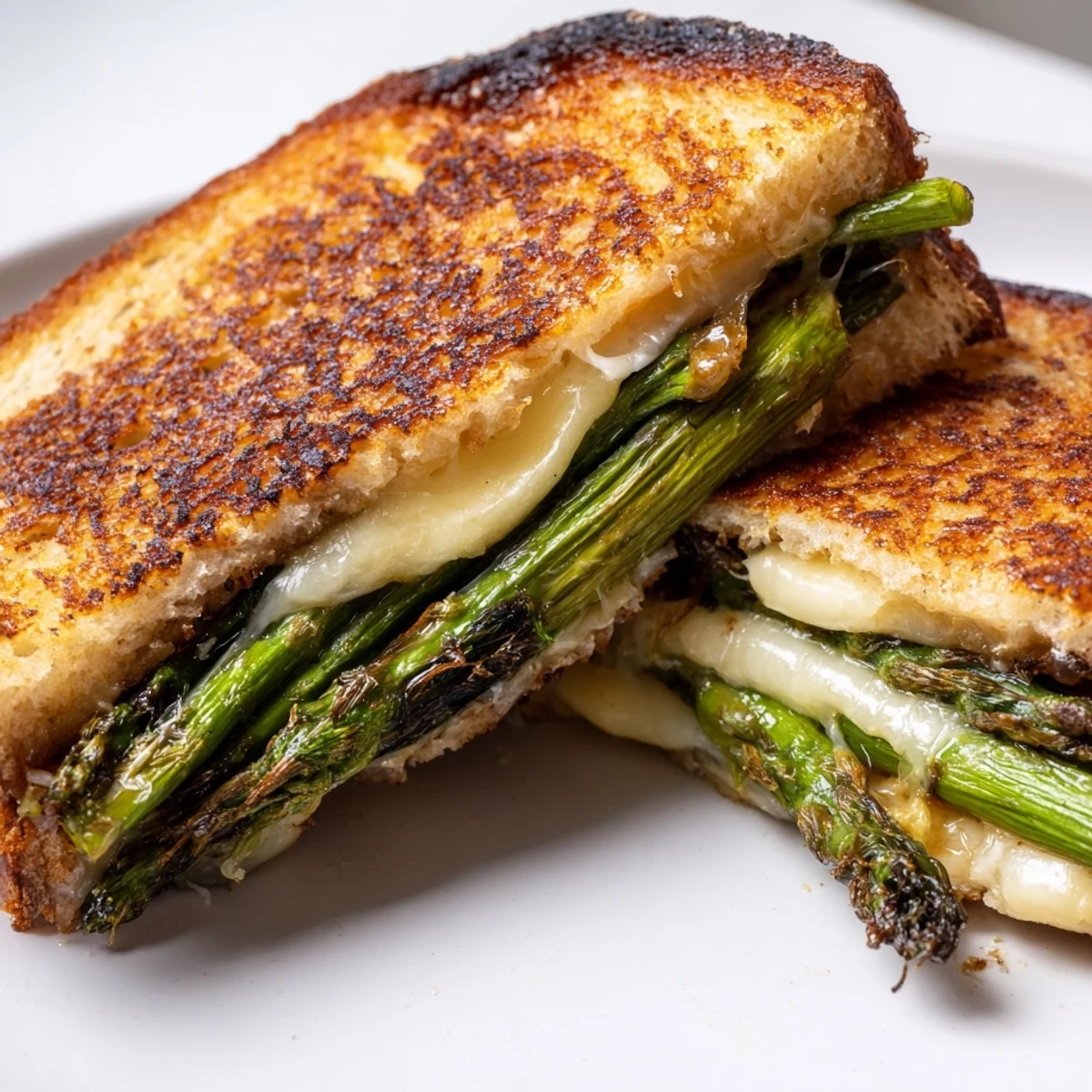 Golden-brown sourdough slices stuffed with melted Brie and tender grilled asparagus spears, showcasing a hearty vegetarian sandwich.