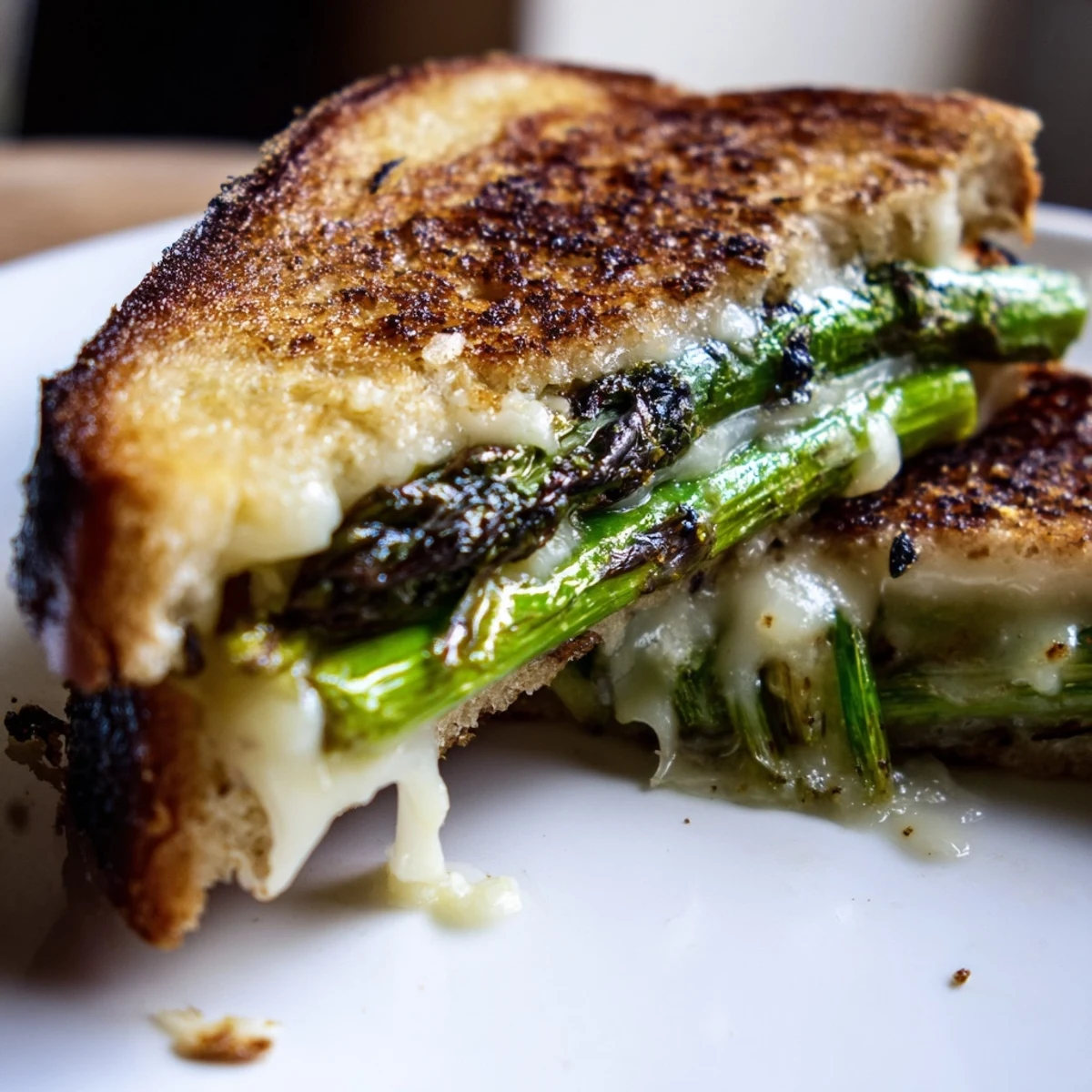 Sliced Asparagus & Brie Grilled Cheese revealing melted cheese and charred asparagus, served on a rustic plate for dinner.