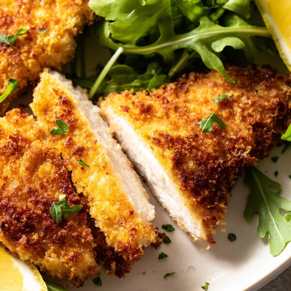 Golden, crispy Parmesan chicken cutlets layered over fluffy rice with fresh arugula and a lemon wedge.  