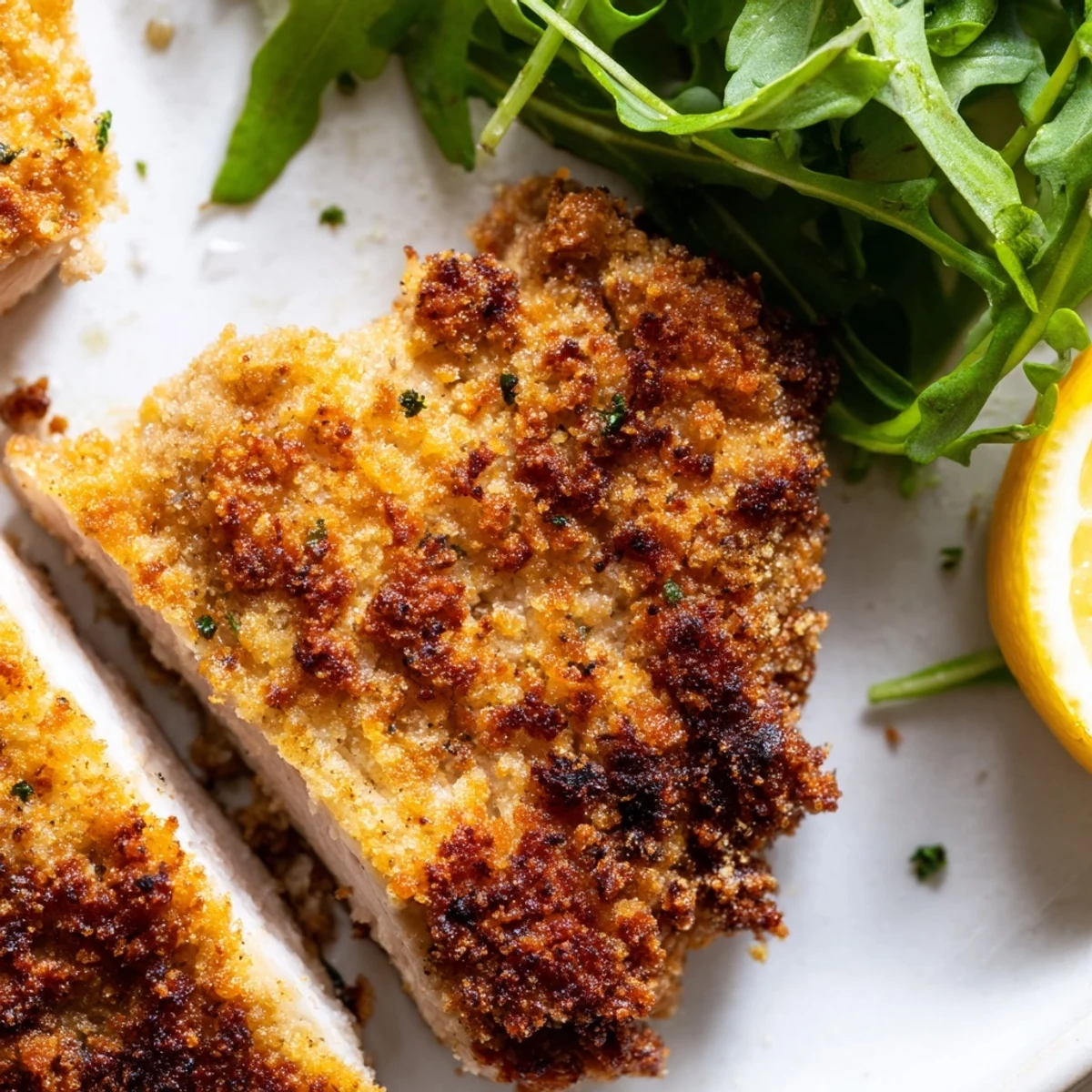 Crispy Parmesan Chicken Cutlet Bowl with sliced golden cutlets, arugula, and steaming rice, ready to enjoy.