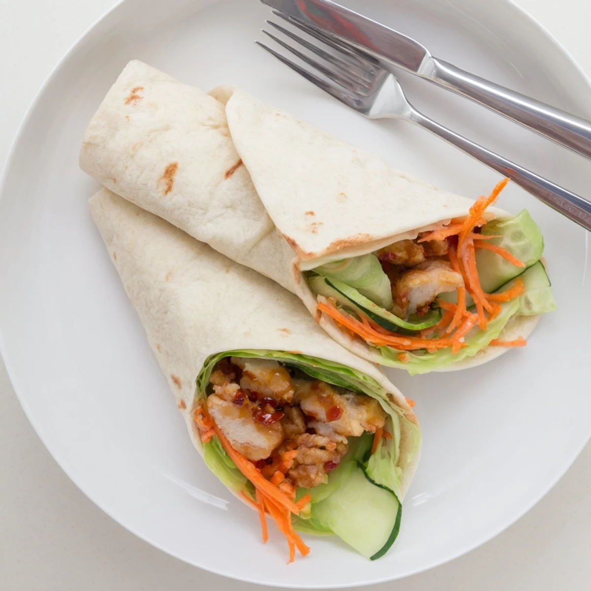 Freshly made Honey Chili Crunch Chicken Wrap sliced in half, showing layers of juicy chicken, crisp lettuce, cucumber, and shredded carrots inside a soft flour tortilla.