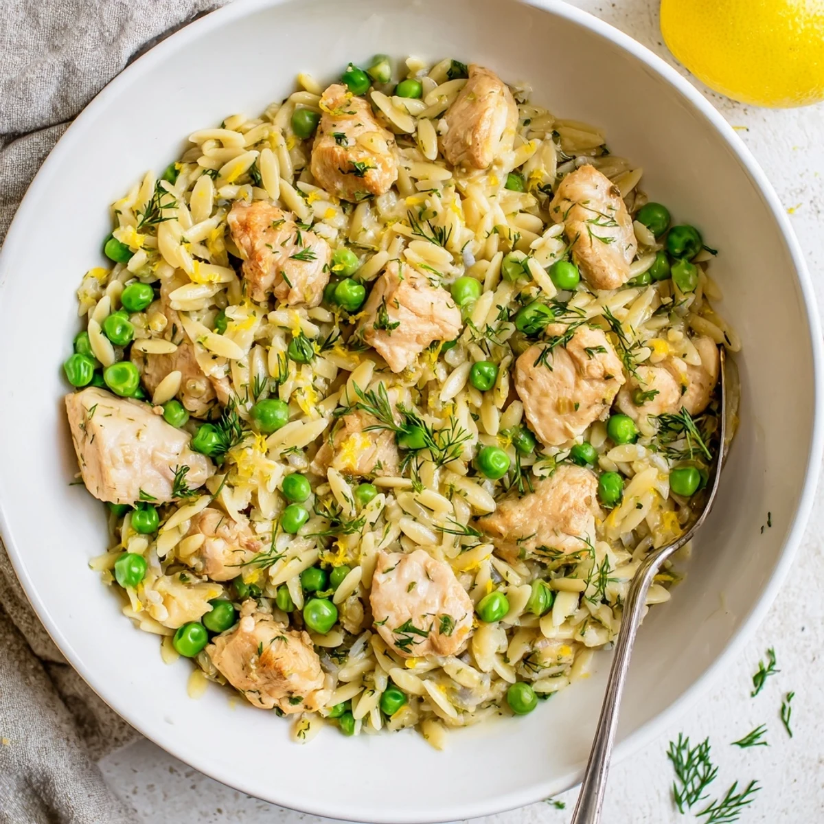 Golden-brown chicken thighs and tender orzo mingle with sweet peas and fresh dill in a vibrant one-pan skillet ready for dinner.