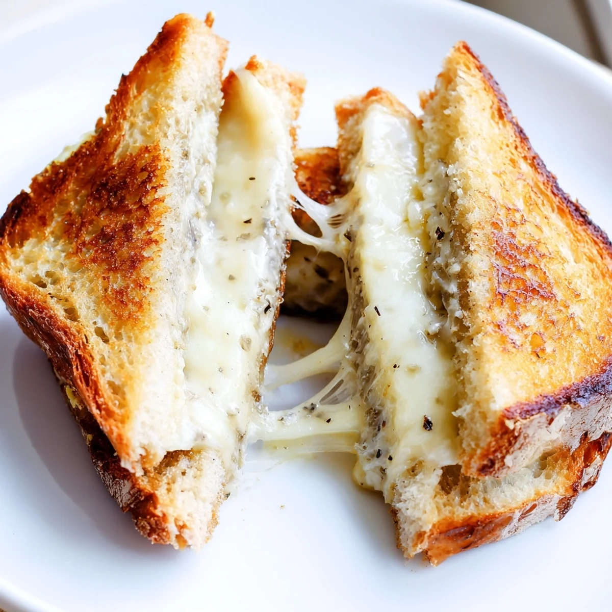 A decadent Truffle Grilled Cheese sandwich, sliced to show gooey, molten cheese and a buttery crust.