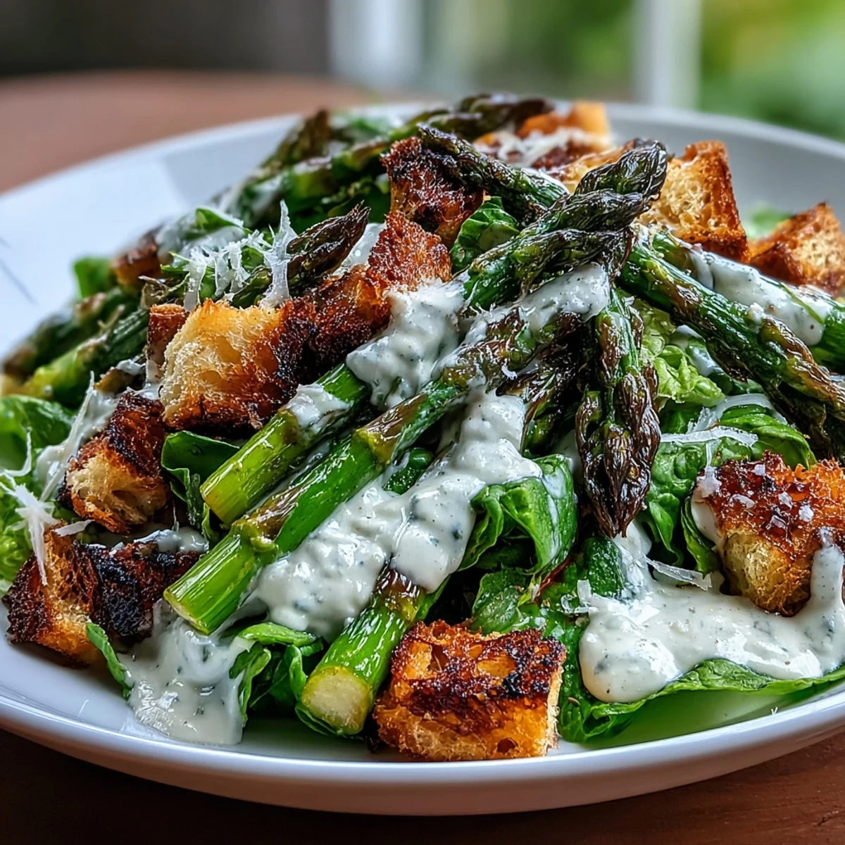 Enjoy a fresh twist: delicious roasted asparagus Caesar salad with homemade croutons.