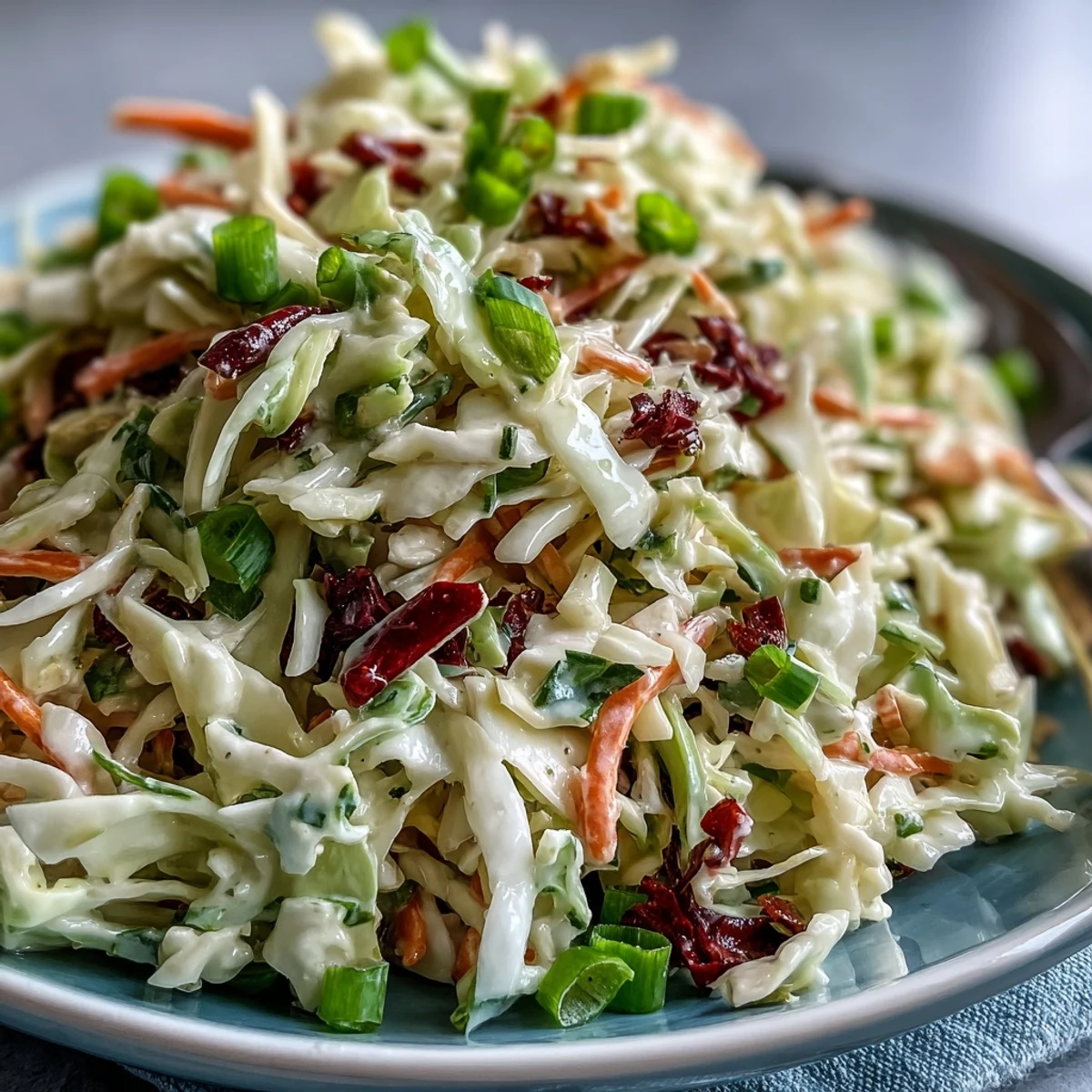 Freshly prepared Best Cabbage Coleslaw served chilled in a rustic bowl, garnished with green onions and ready for a barbecue side dish.