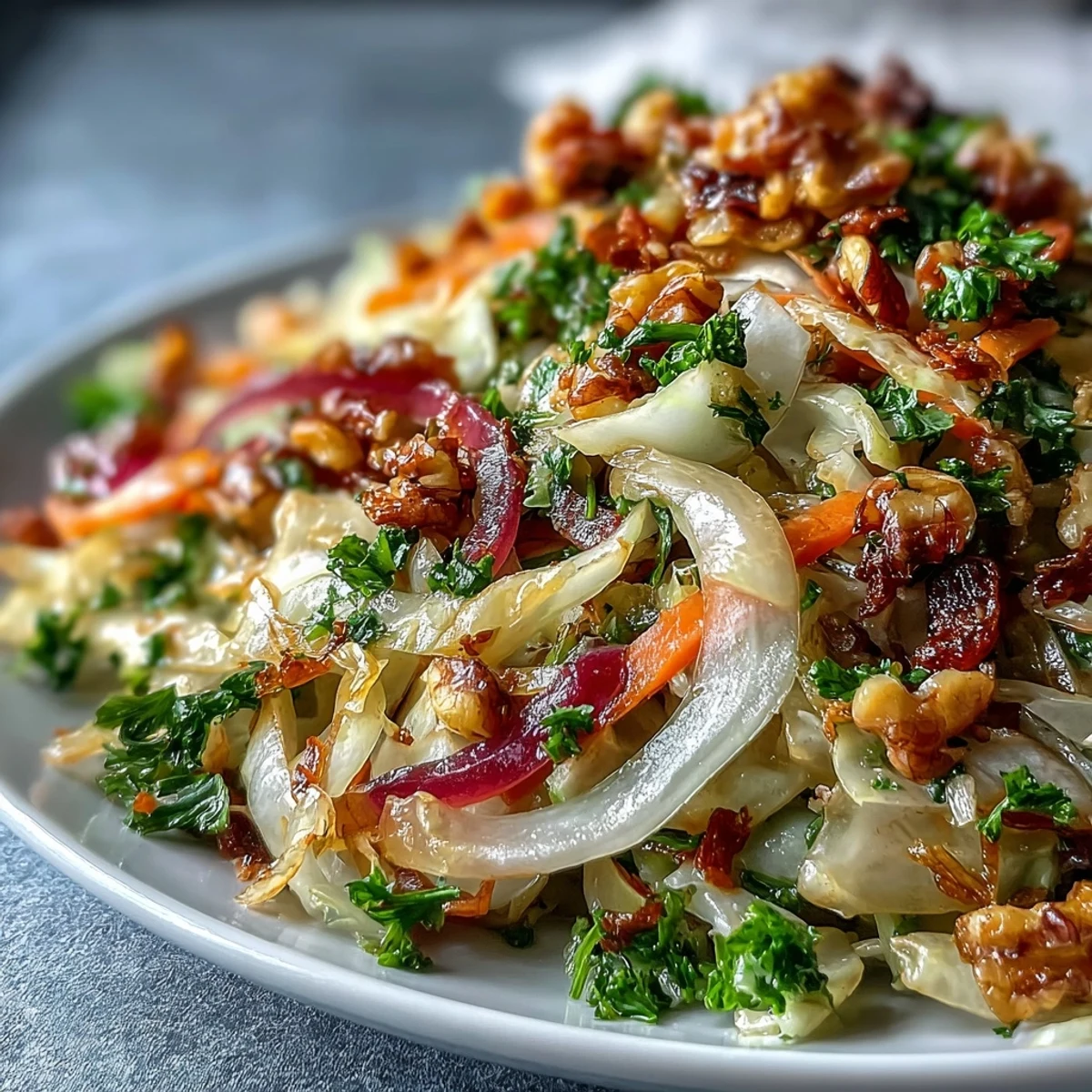 Topped with toasted walnuts and crumbled feta, this vibrant Cooked and Loved Cabbage Salad offers a satisfying crunch and comforting, savory flavor.