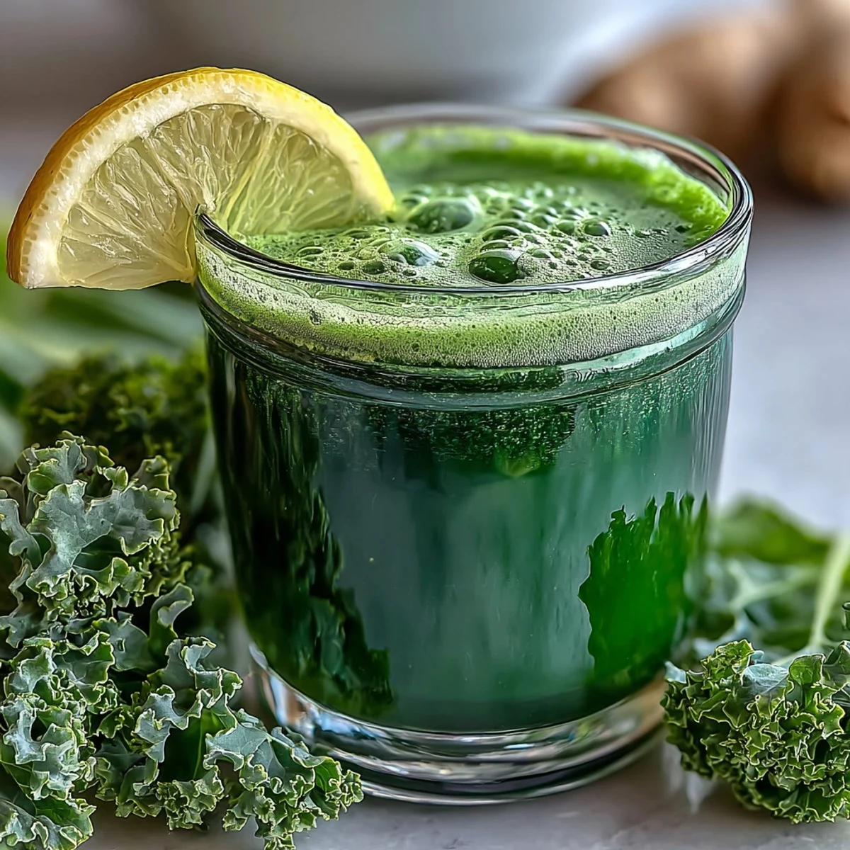 A tall glass of vibrant green Cabbage and Kale Detox Juice, garnished with a lemon slice and fresh ginger, served over ice.  