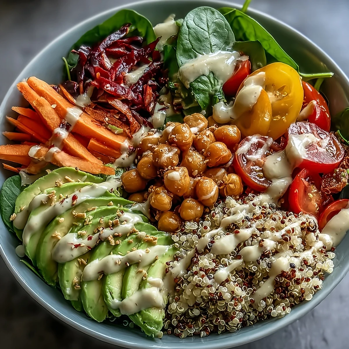 A vibrant Rainbow Buddha Bowl With Quinoa topped with colorful veggies, creamy avocado, and a drizzle of tahini dressing on a white bowl.