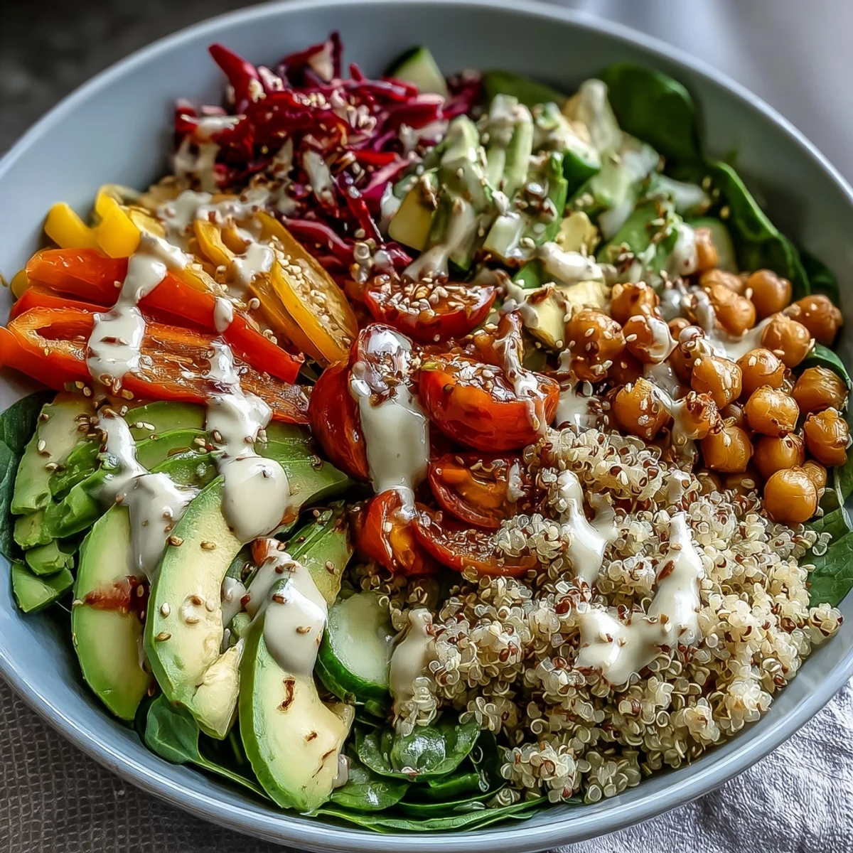 Close-up of a freshly prepared Rainbow Buddha Bowl With Quinoa, featuring bright red cabbage, julienned carrots, and toasted pumpkin seeds.