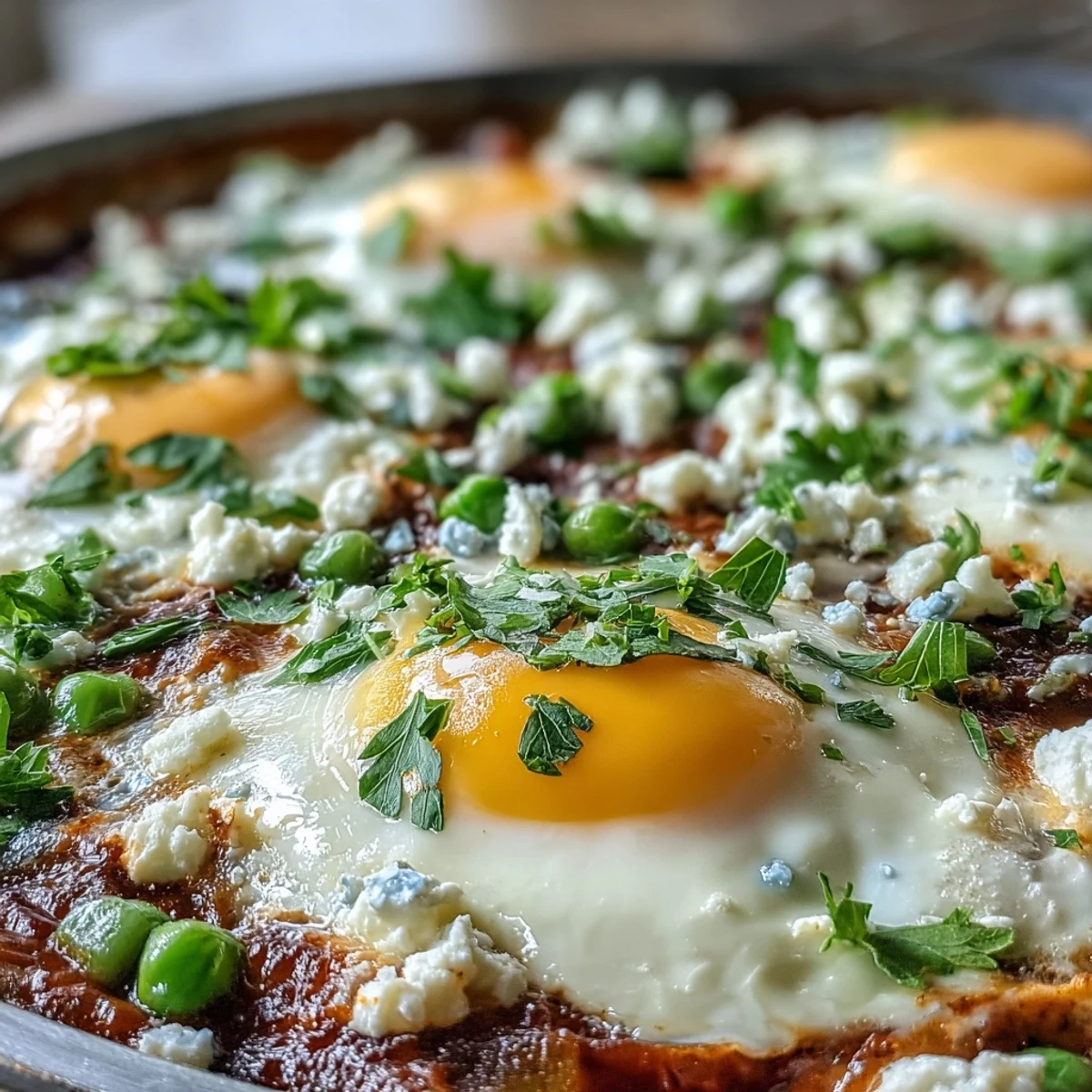 A close-up of Pea and Broad Bean Shakshuka in a skillet, with runny egg yolks nestled among bright green peas and tender asparagus.  
