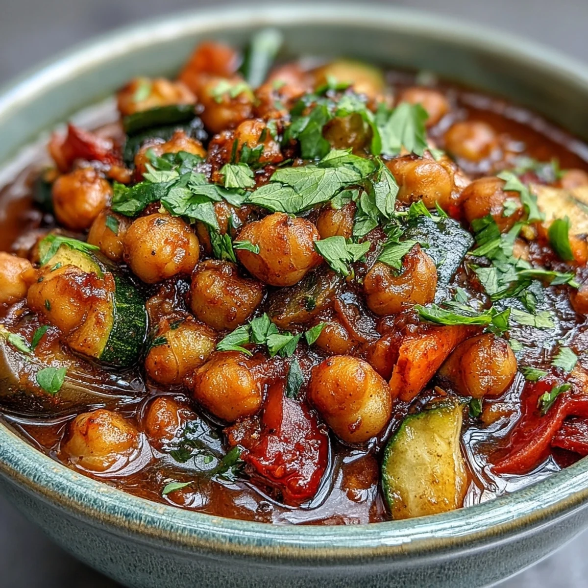 A steaming bowl of Spicy Chickpea Stew garnished with fresh cilantro, served alongside crusty artisan bread for dipping.