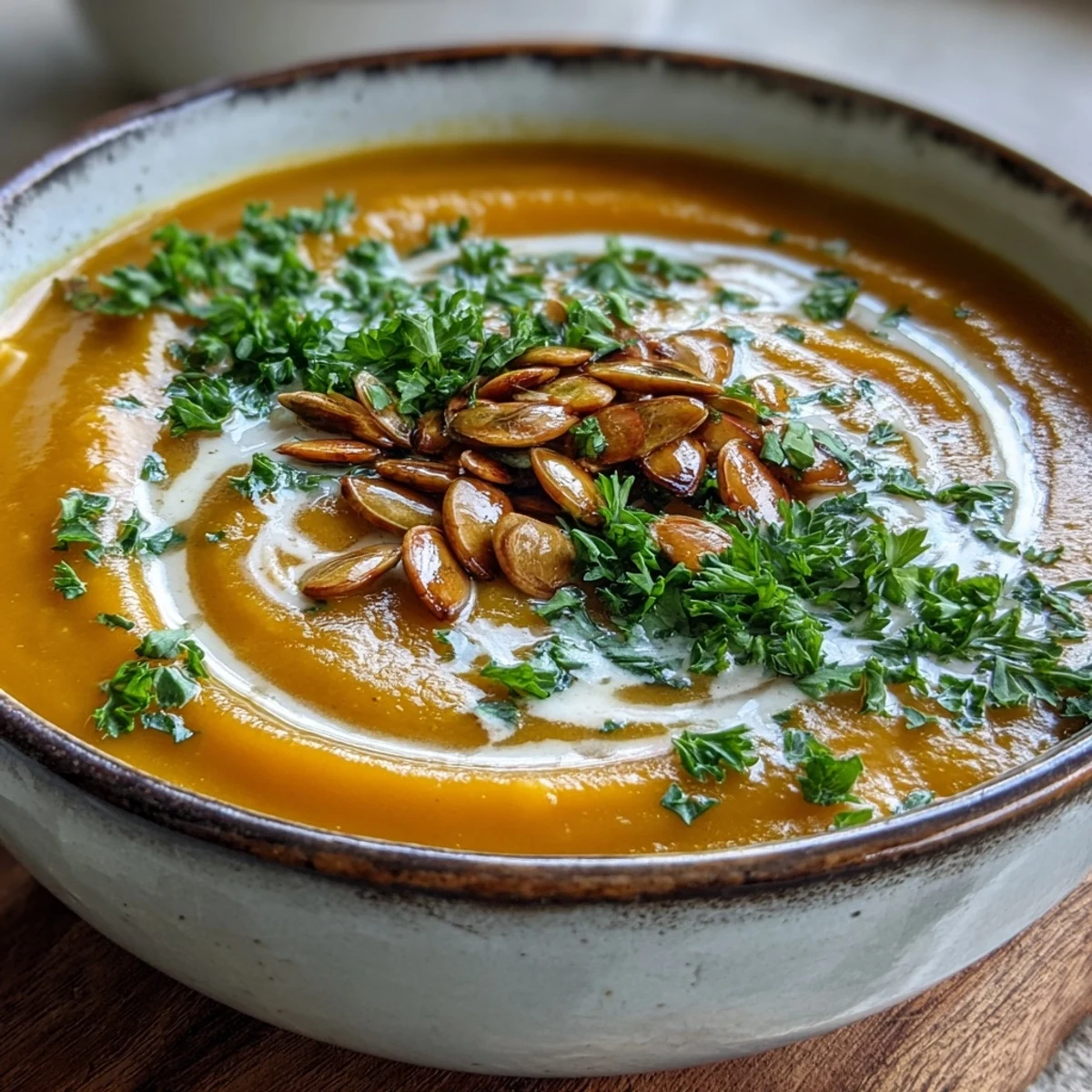 Butternut Squash Soup is spooned into a rustic bowl, showcasing its velvety texture and creamy finish.